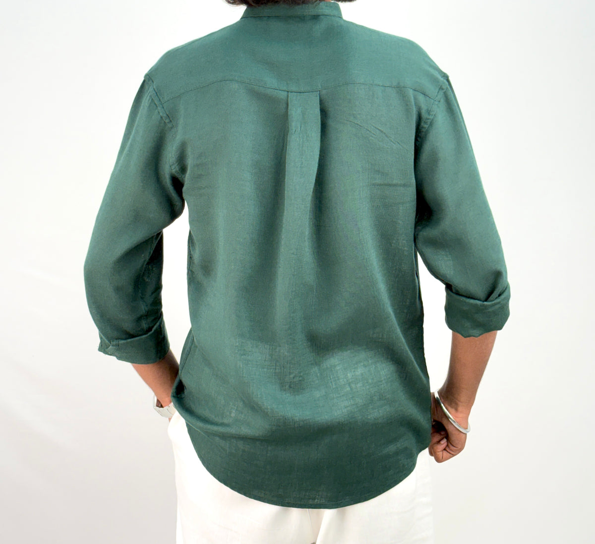 Dark Green Mandarin Collar Linen Shirt