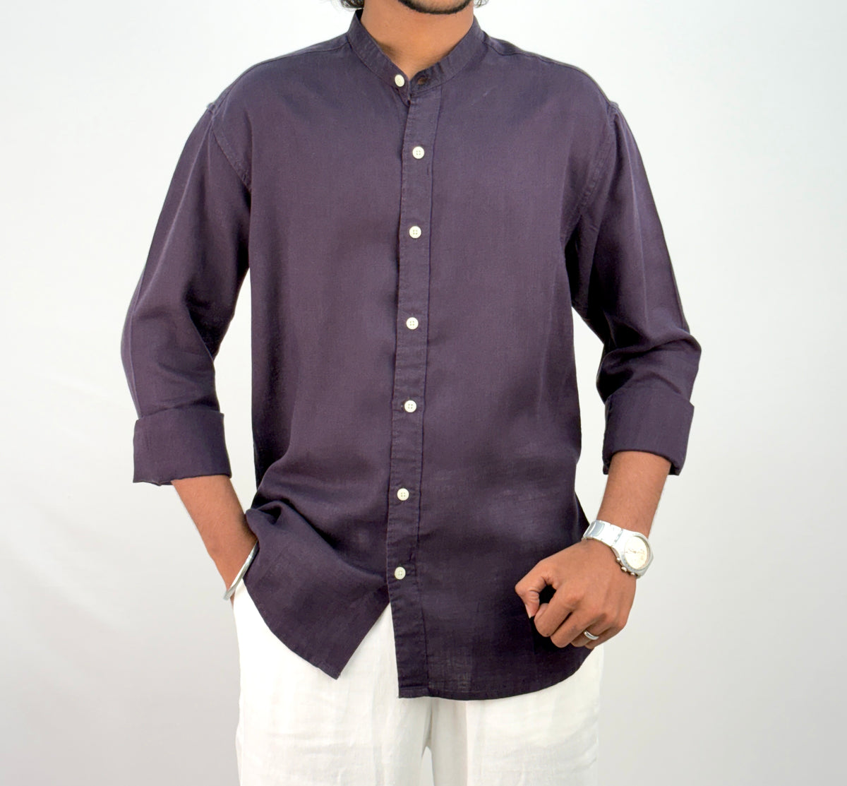 Violet Mandarin Collar Linen Shirt