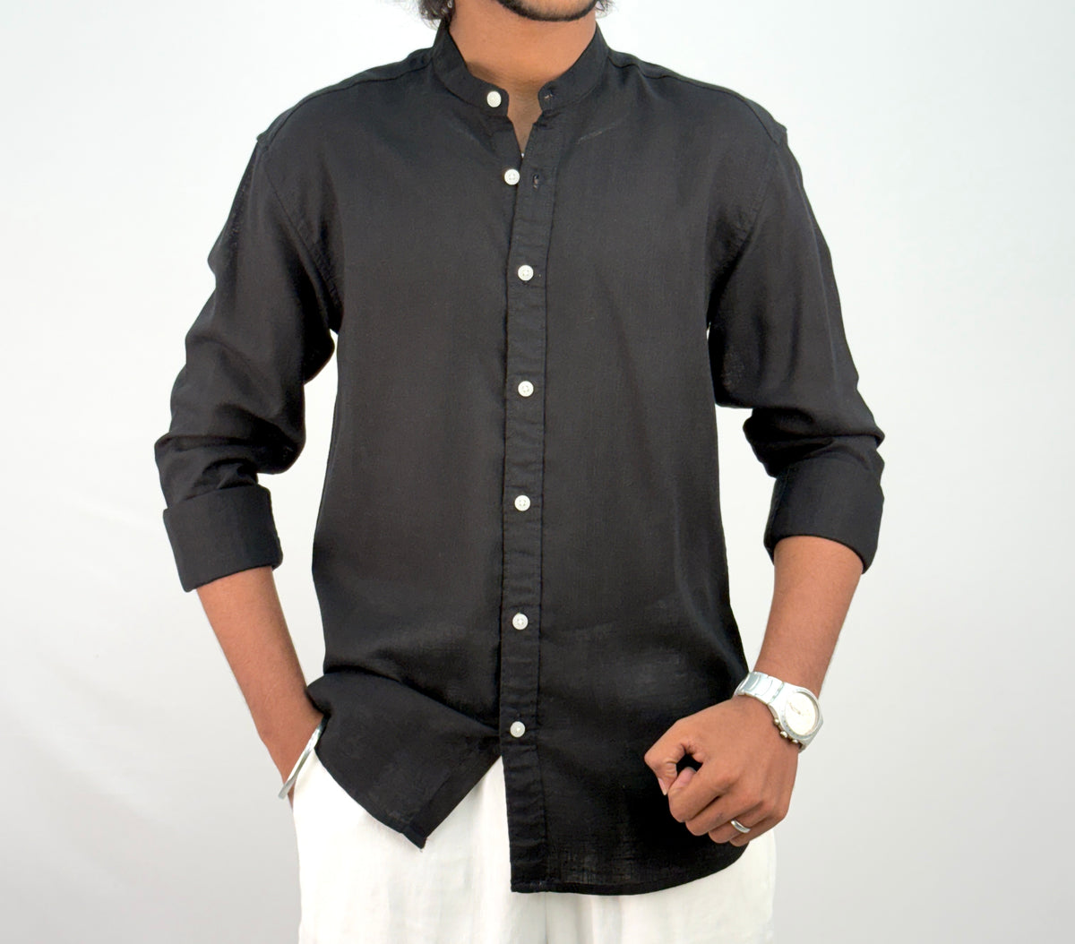 Black Mandarin Collar Linen Shirt