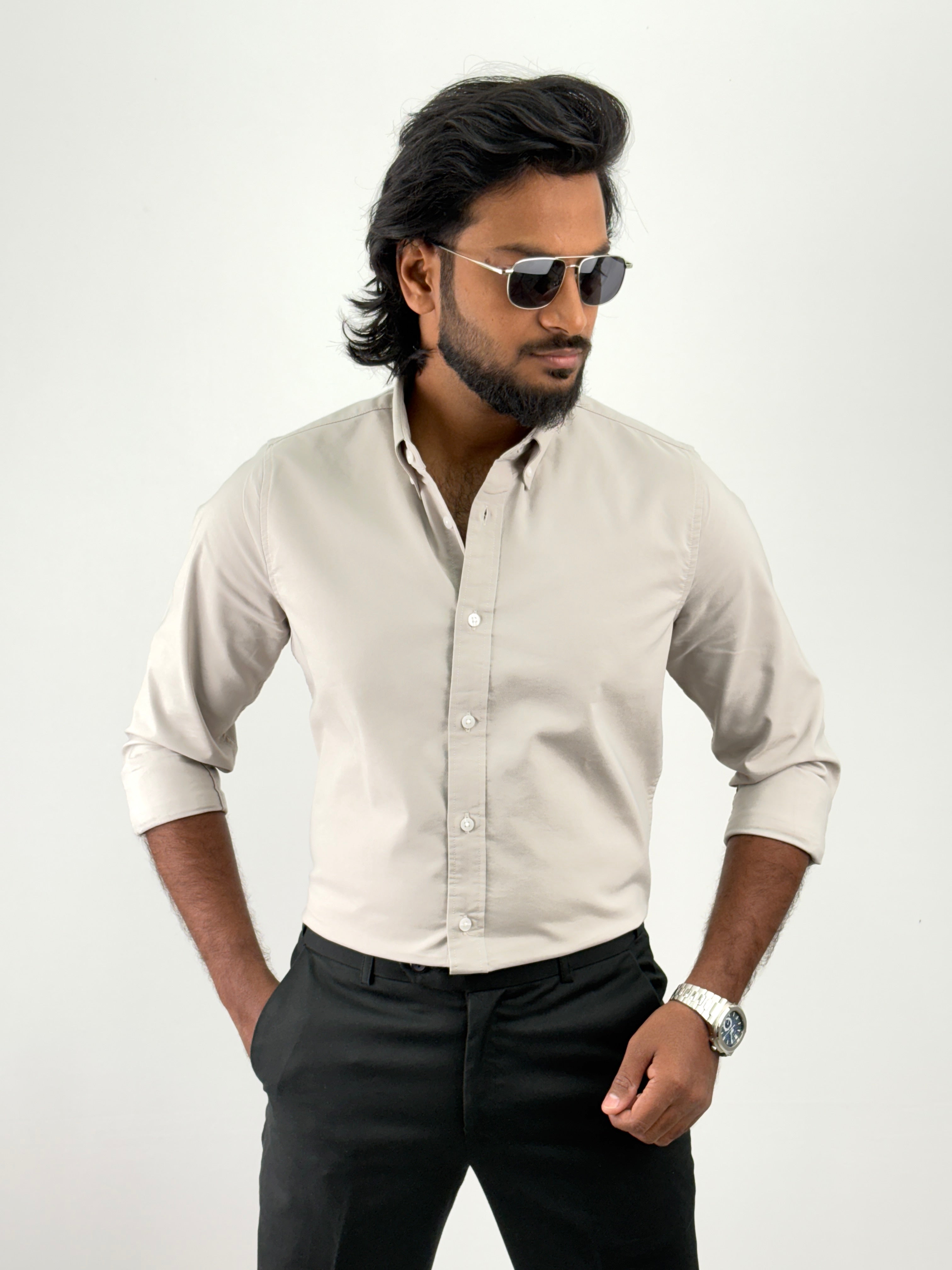 Beige Plain Oxford Shirt 1