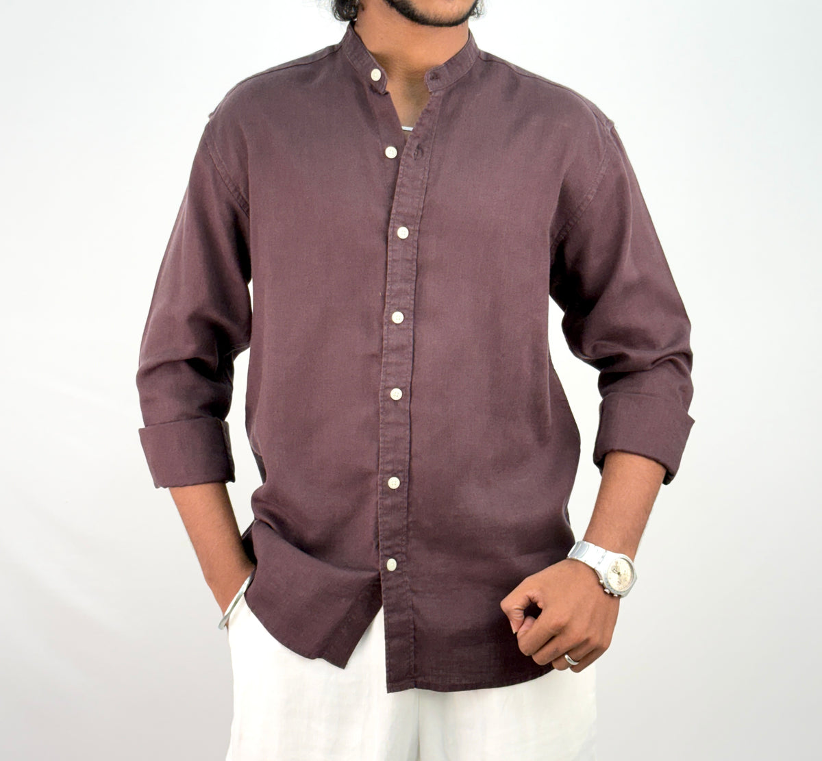 Wine Mandarin Collar Linen Shirt