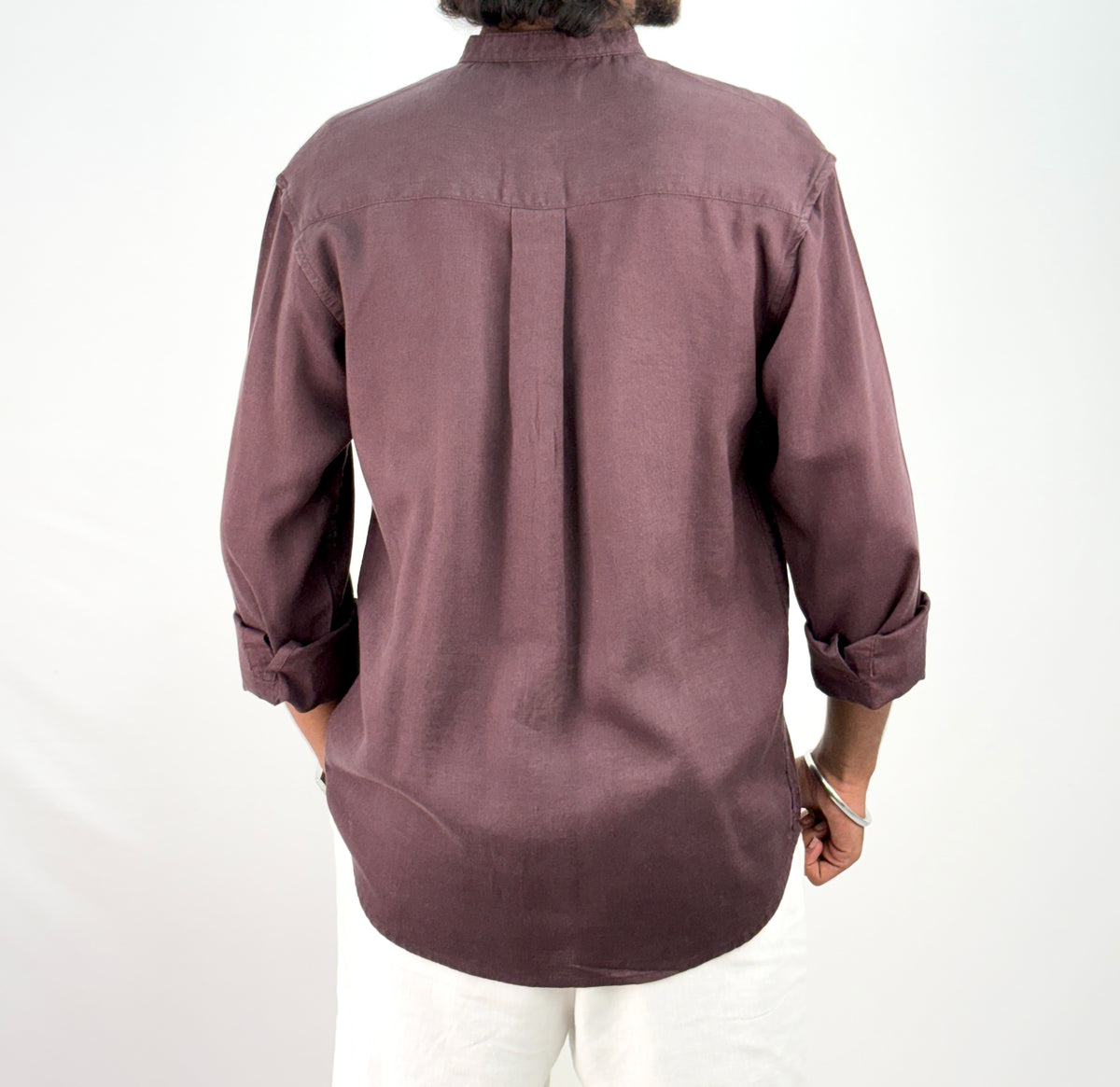 Wine Mandarin Collar Linen Shirt