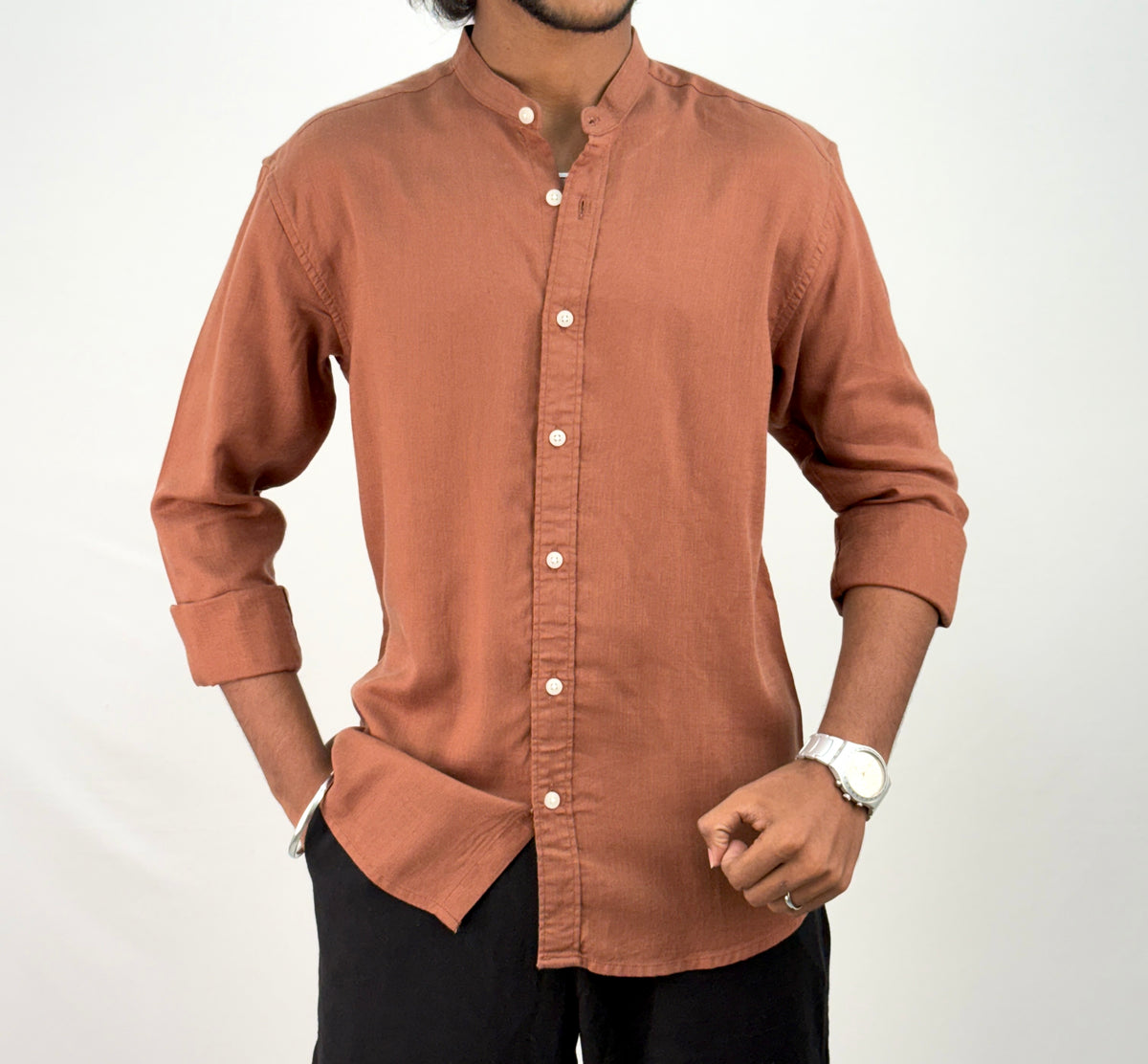 Rust Mandarin Collar Linen Shirt