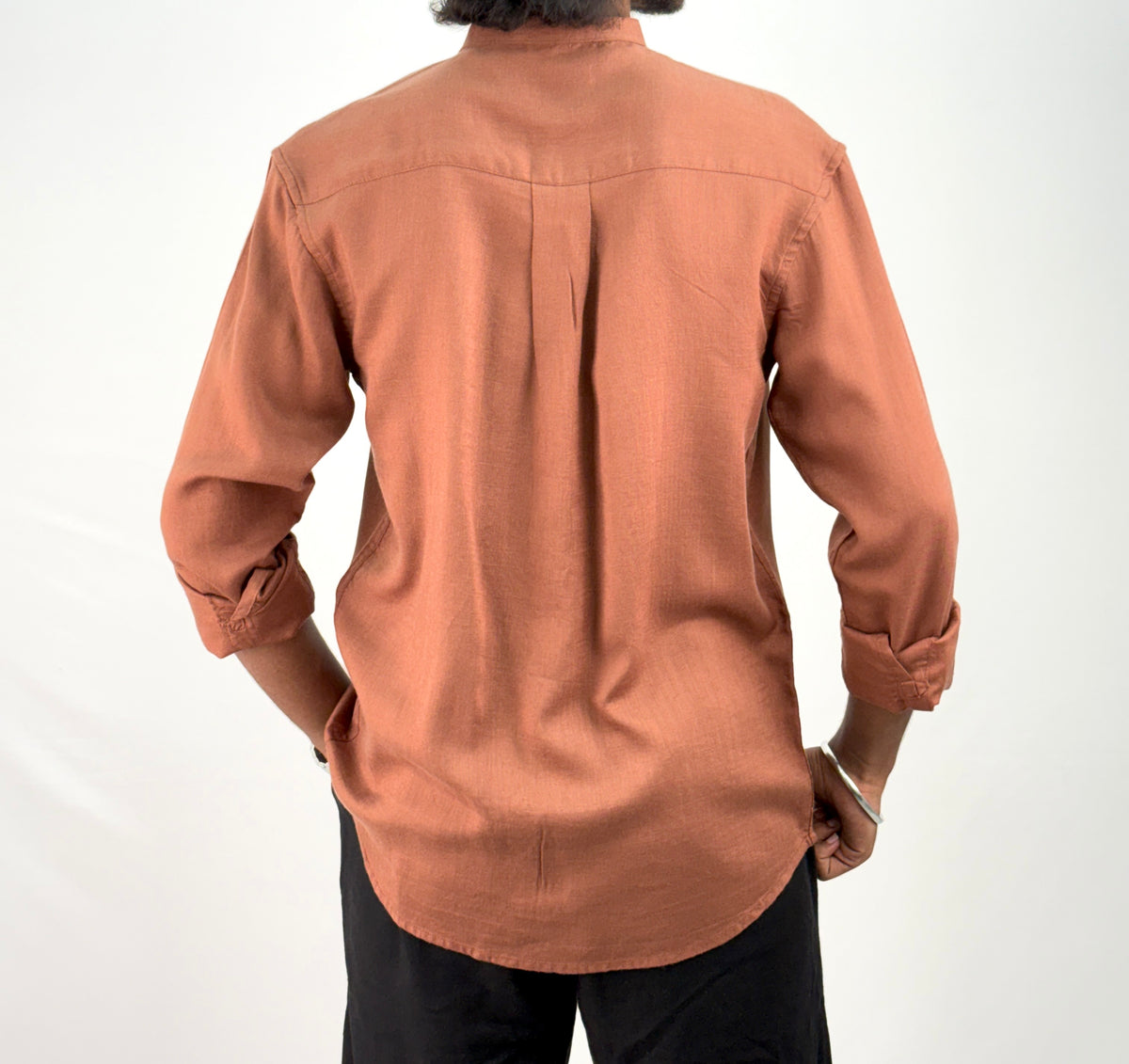 Rust Mandarin Collar Linen Shirt