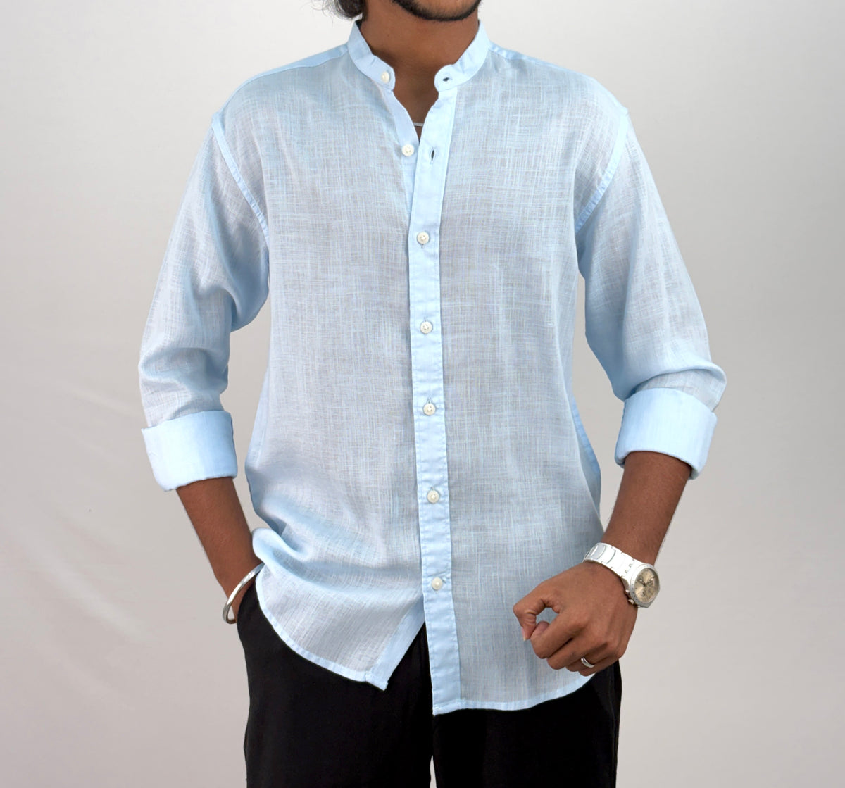 Ice Blue Mandarin Collar Linen Shirt