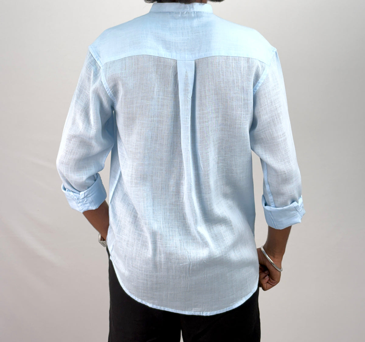 Ice Blue Mandarin Collar Linen Shirt