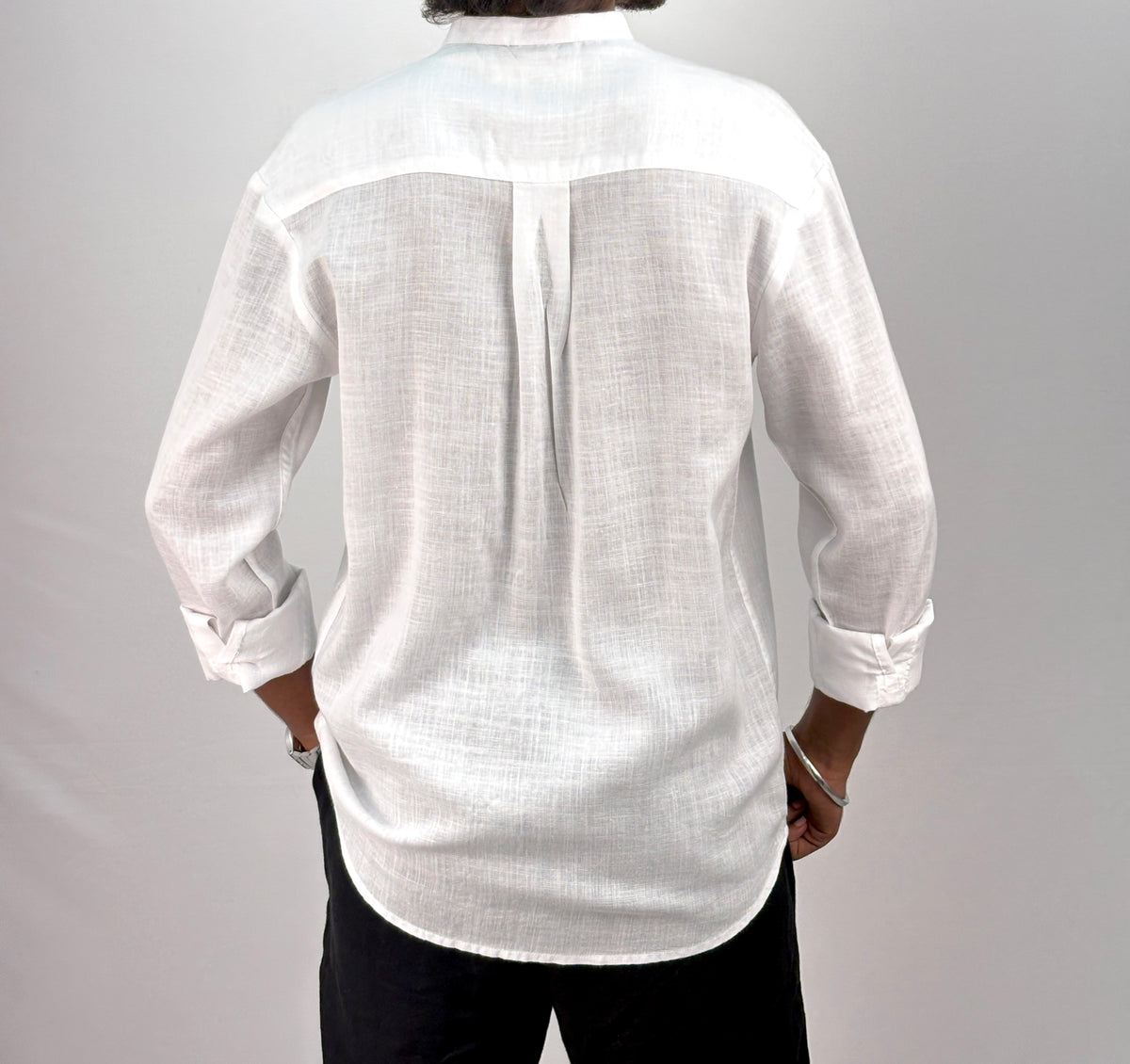 White Mandarin Collar Linen Shirt