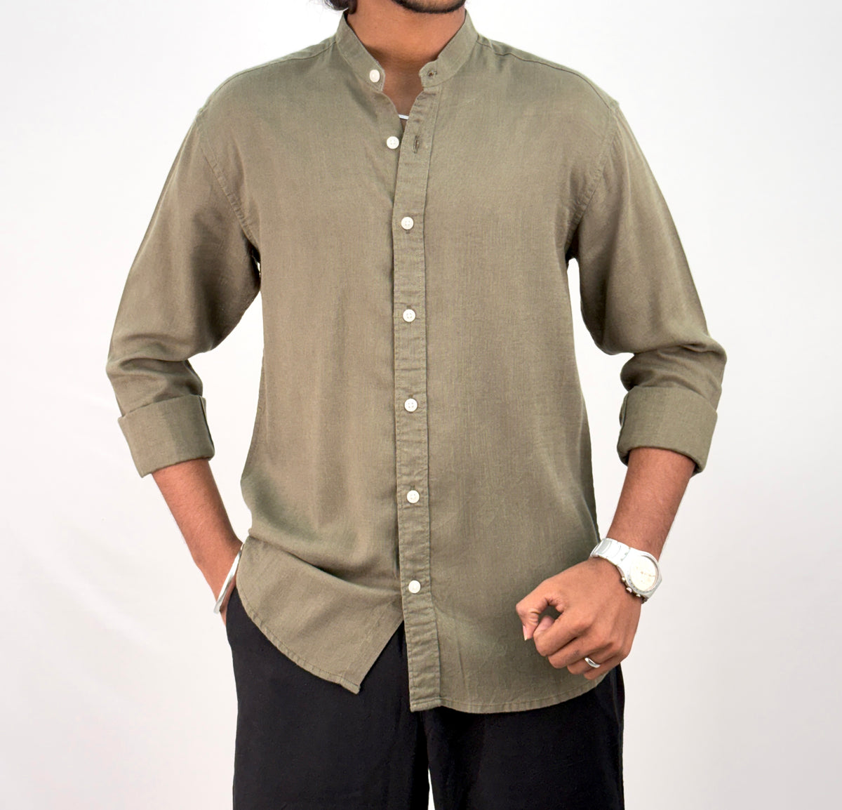 Olive Mandarin Collar Linen Shirt