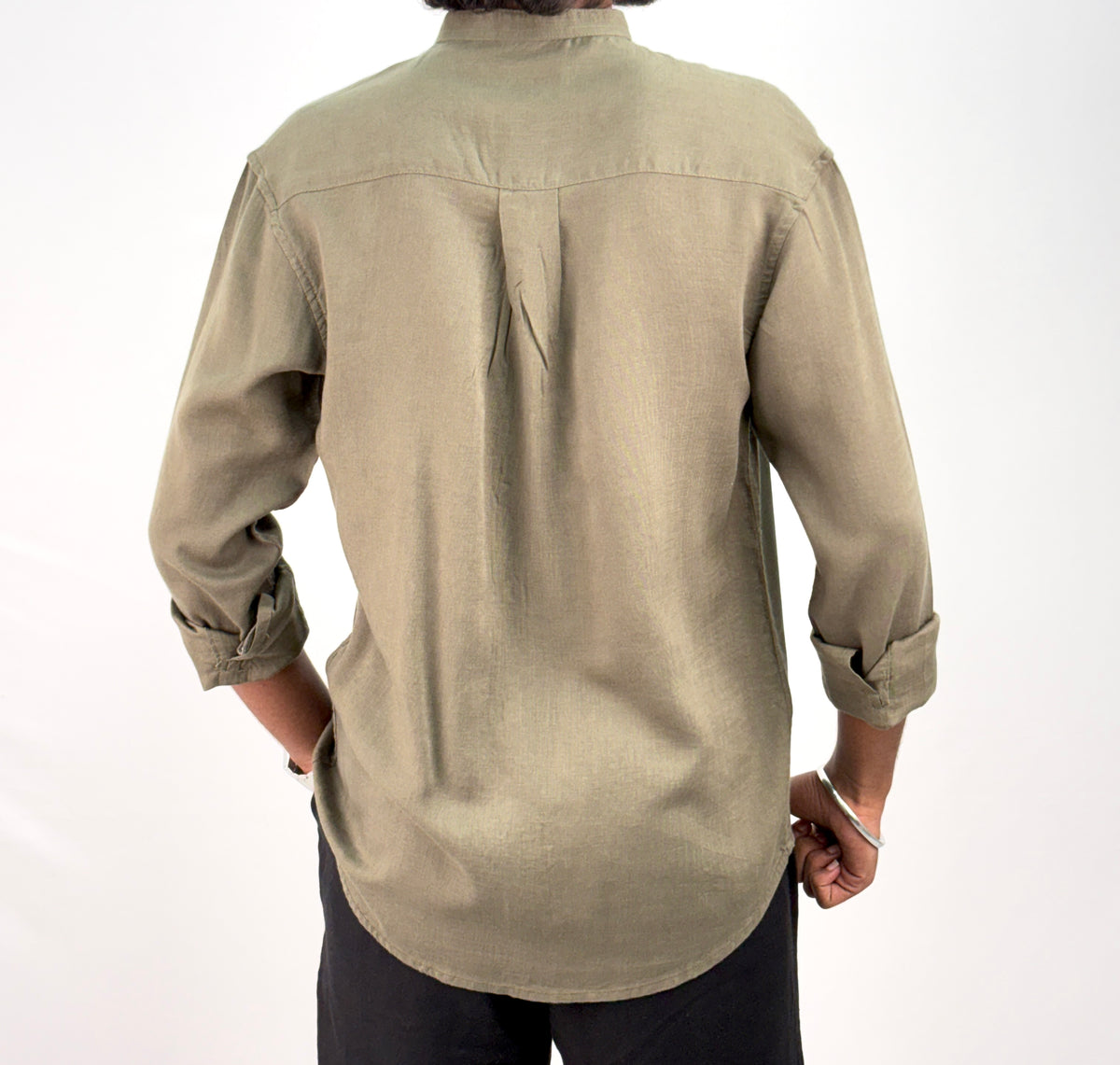 Olive Mandarin Collar Linen Shirt
