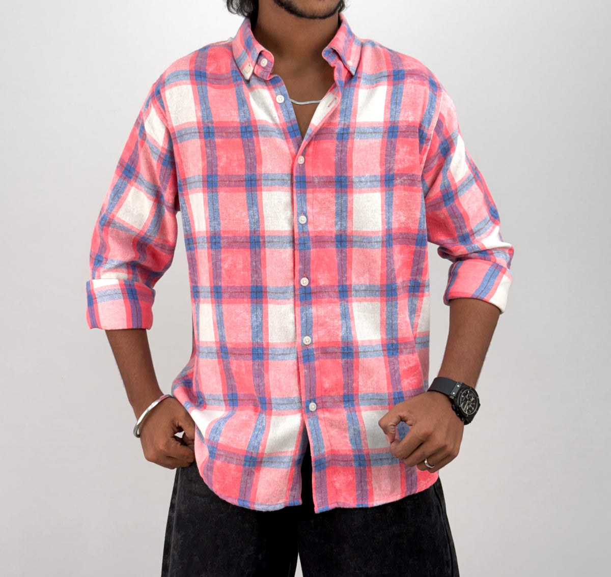White Pink Acid Wash Flannel Shirt