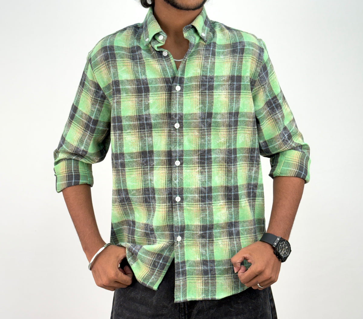 Green Acid Wash Flannel Shirt