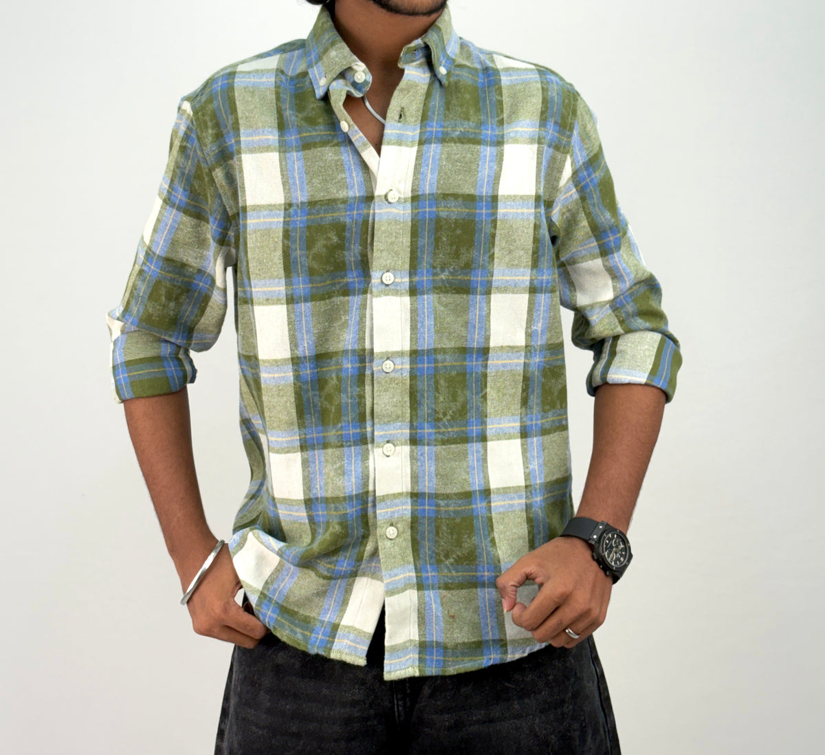 White Green Acid Wash Flannel Shirt