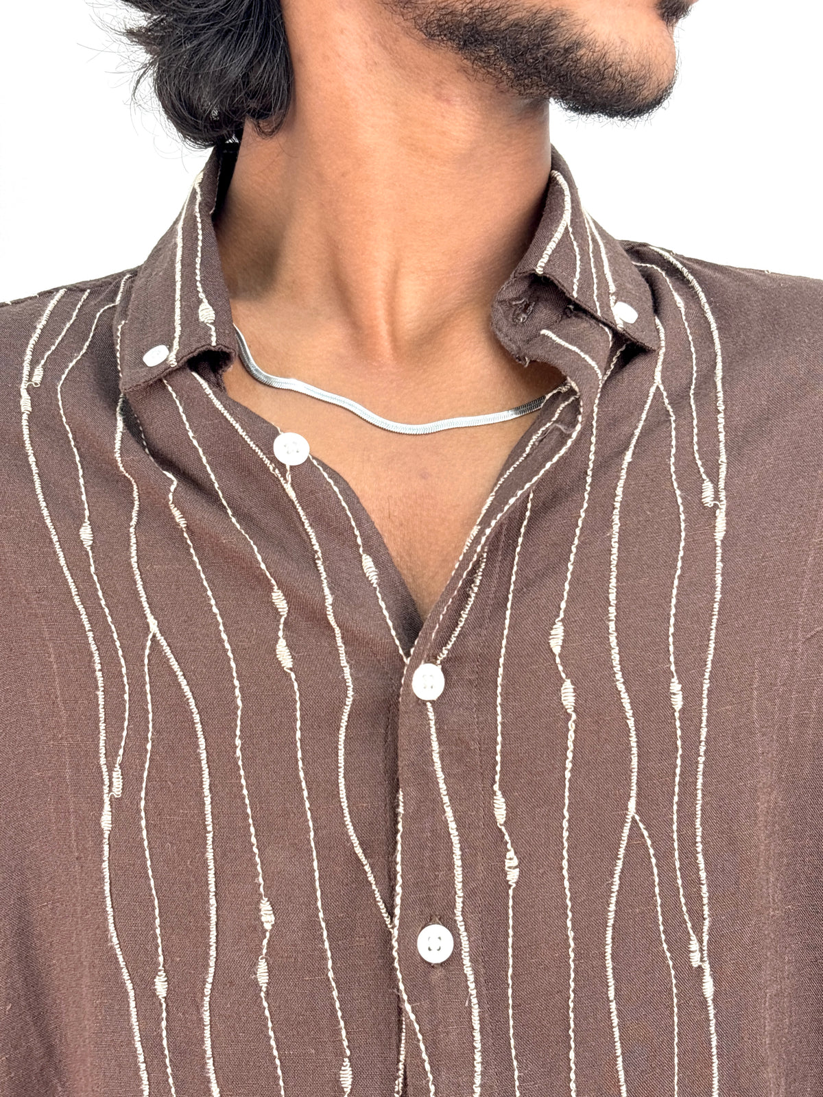 Dark Brown Linen Embroidery Shirt