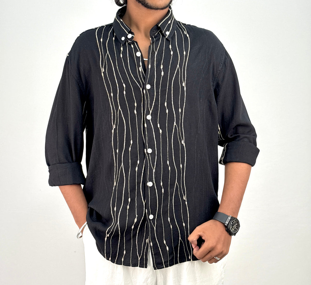 Black Linen Embroidery Shirt