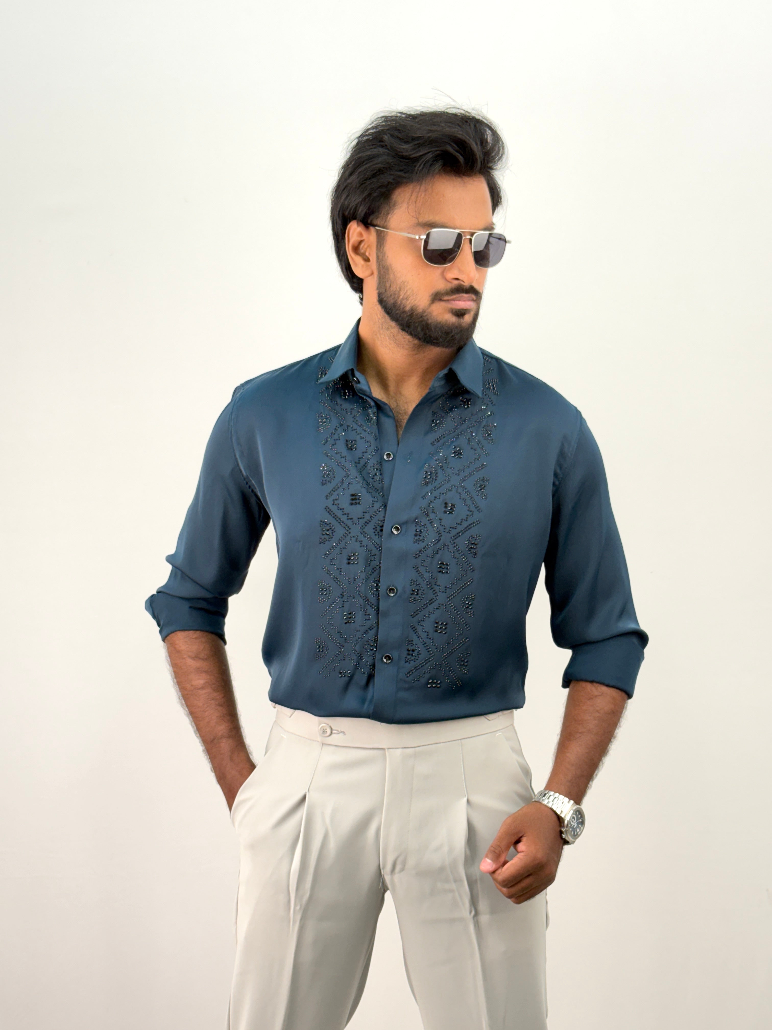 Navy Designer Stone Work Shirt 13