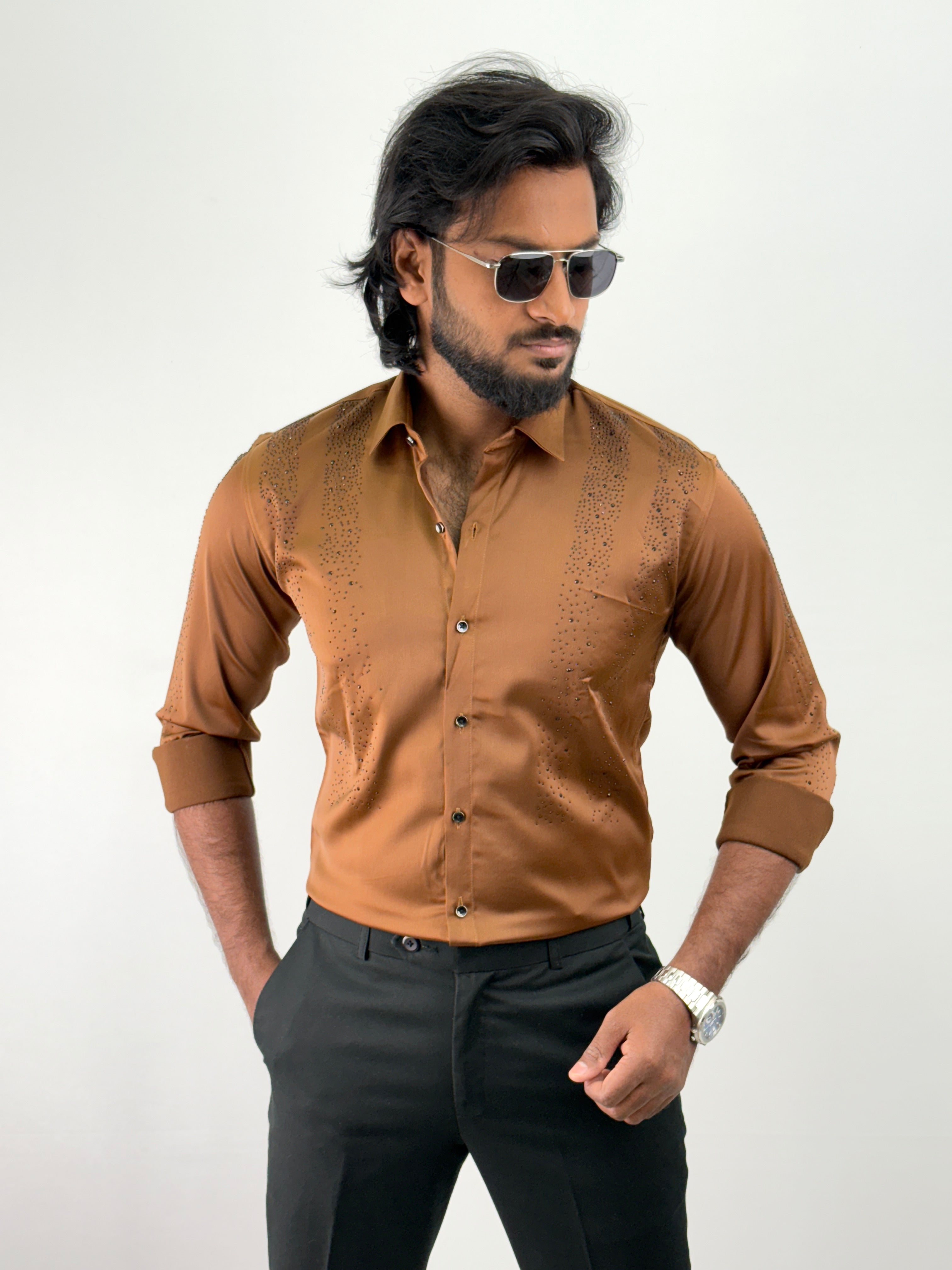 Brown Designer Stone Work Shirt 5