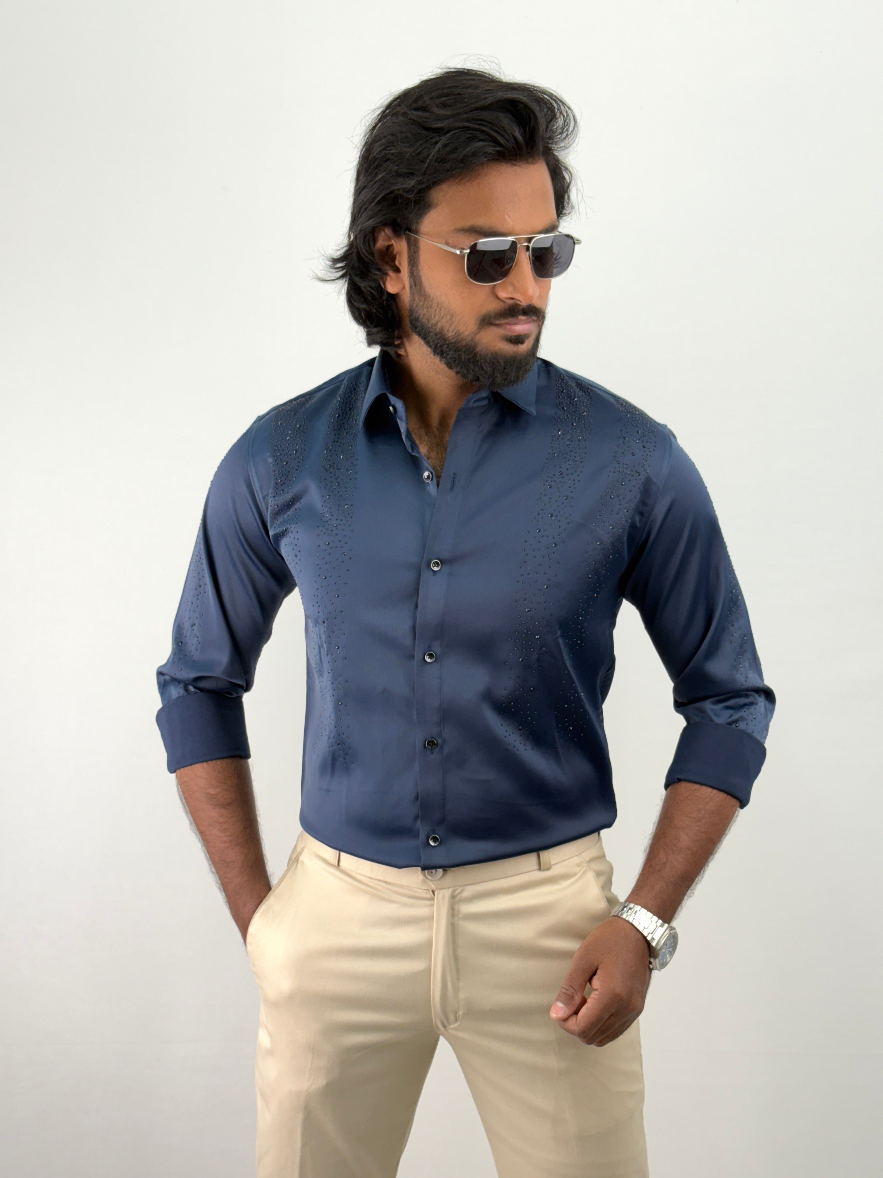 Navy Designer Stone Work Shirt 5