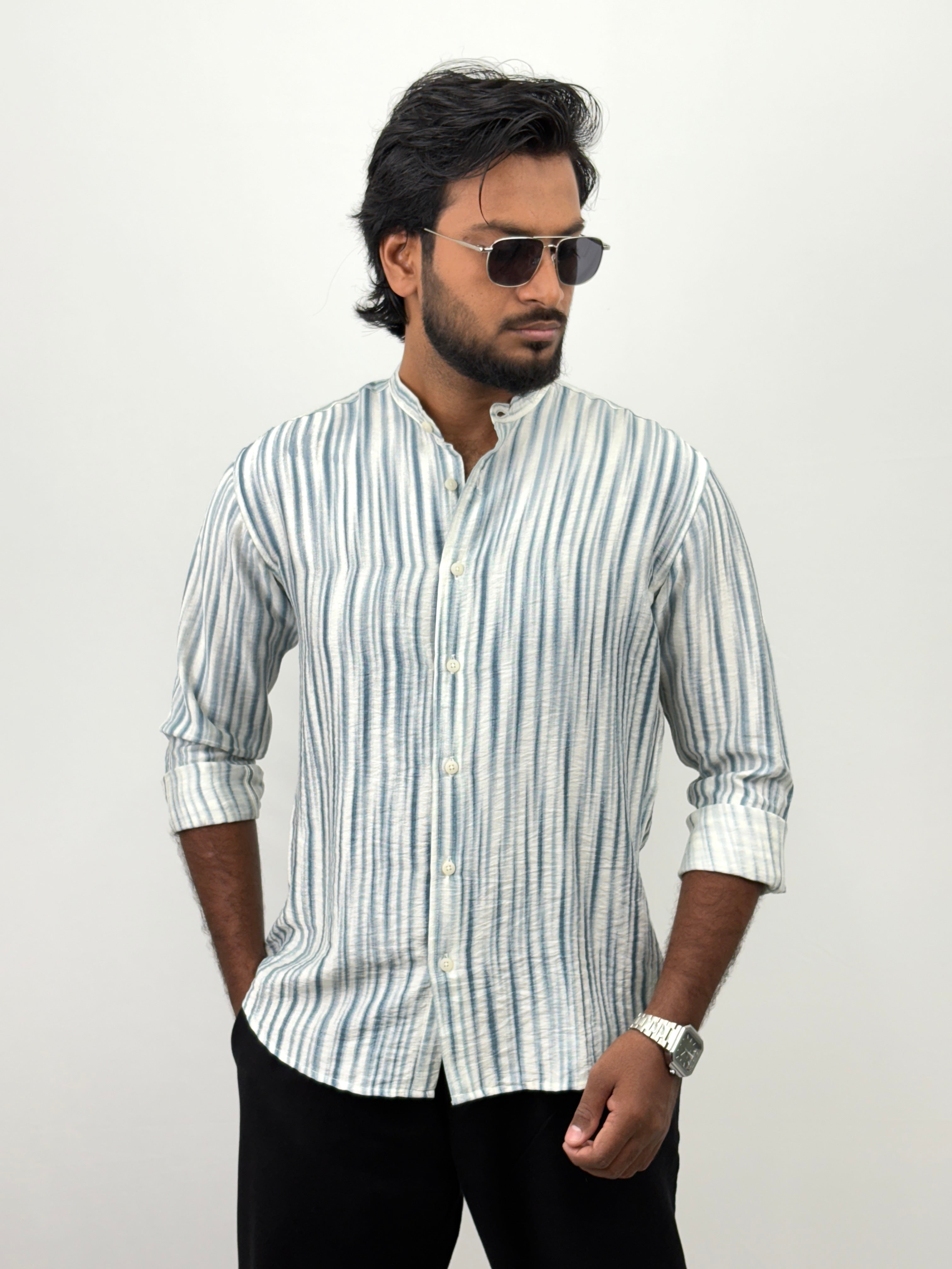 Blue Printed Mandrian Collar Shirt