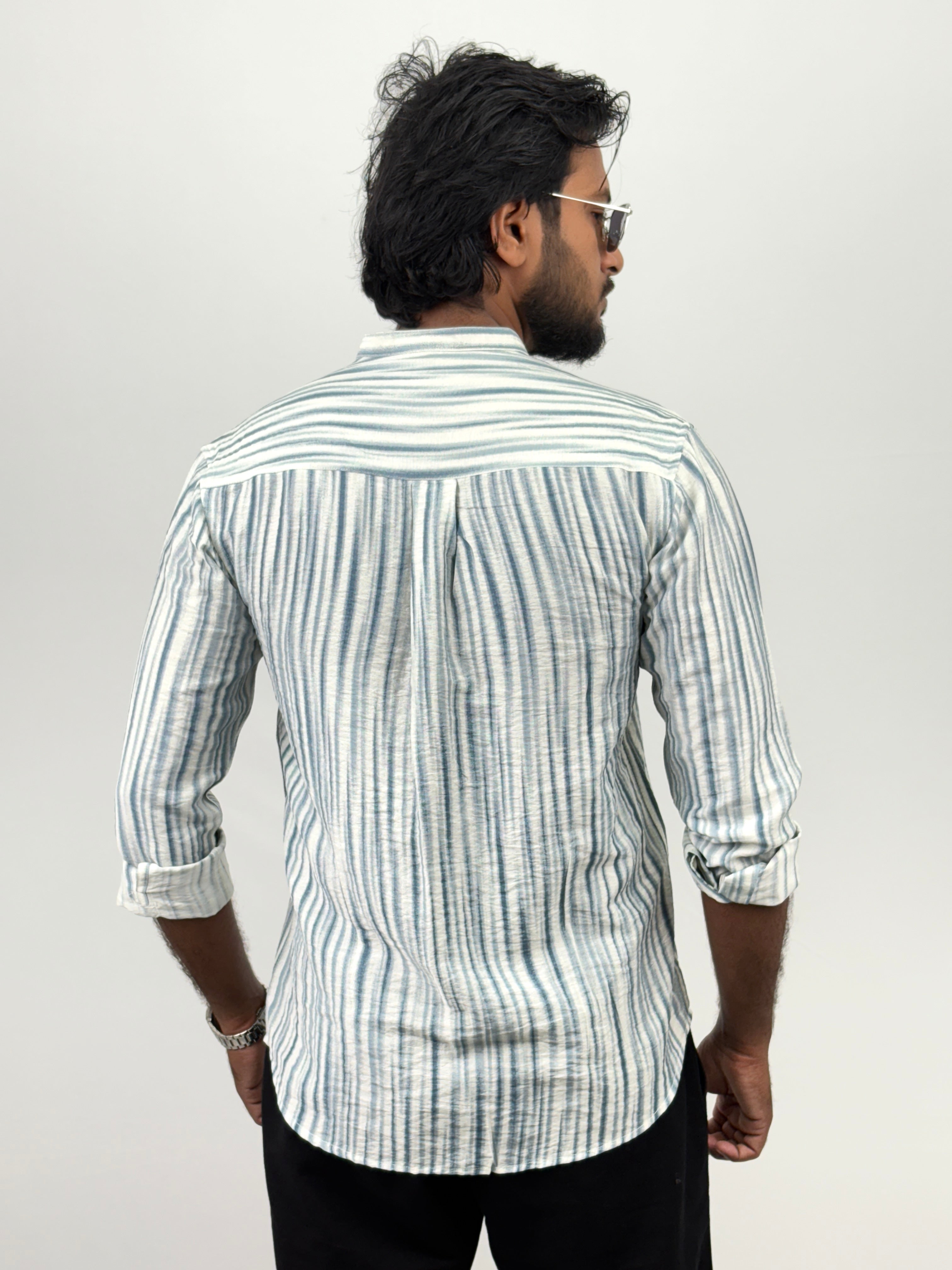 Blue Printed Mandrian Collar Shirt