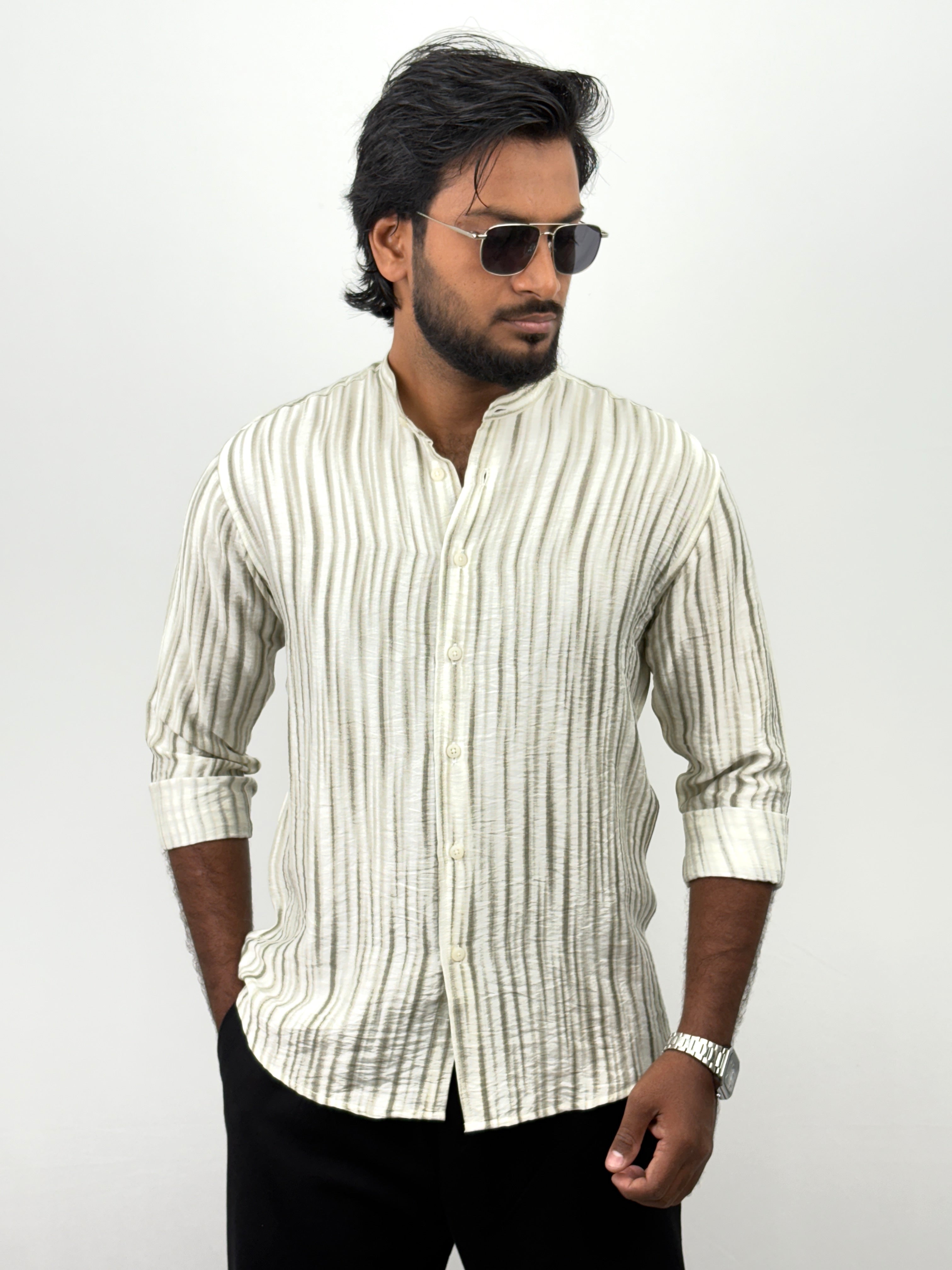 Olive Printed Mandrian Collar Shirt