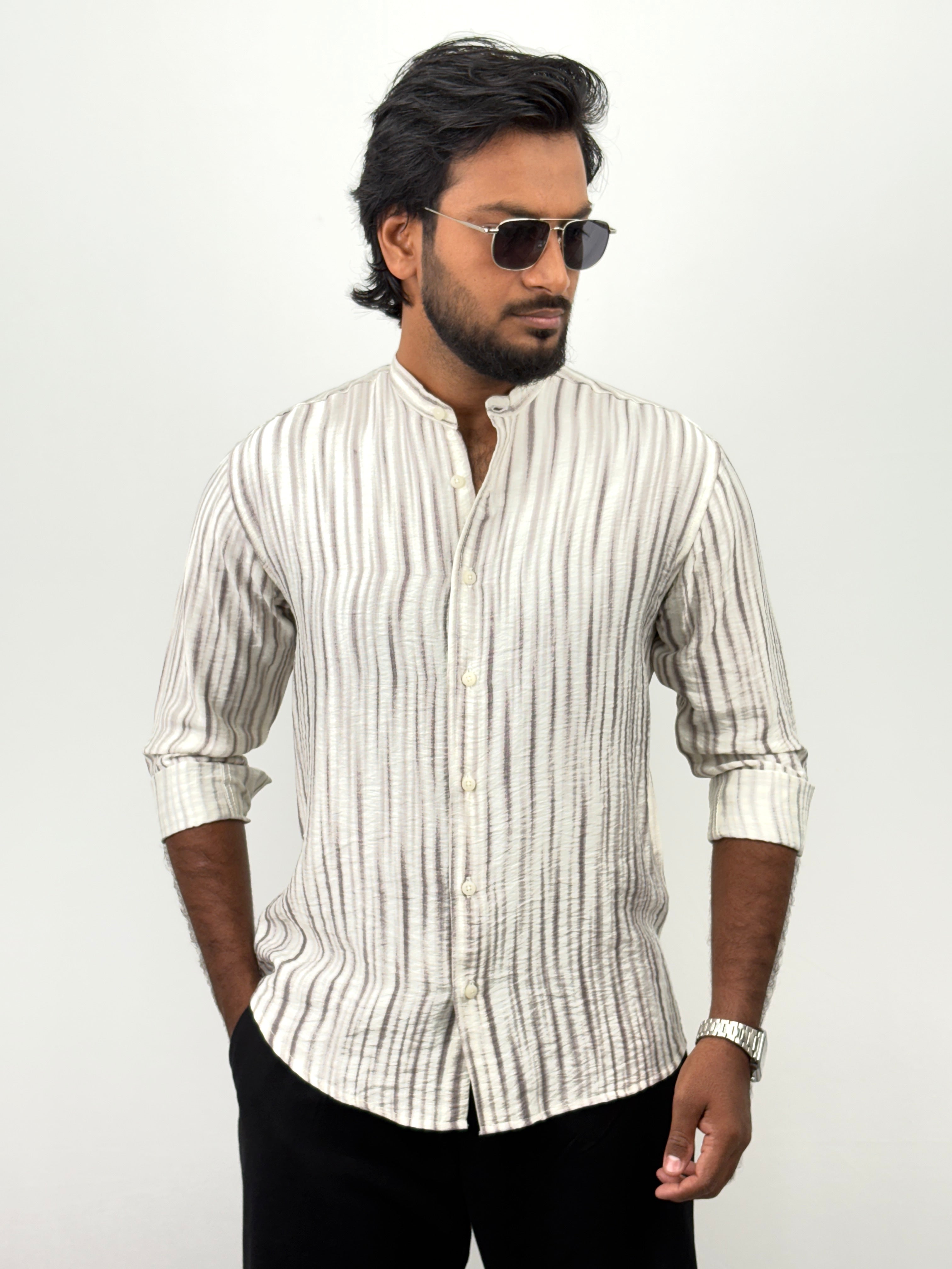 Brown Printed Mandrian Collar Shirt