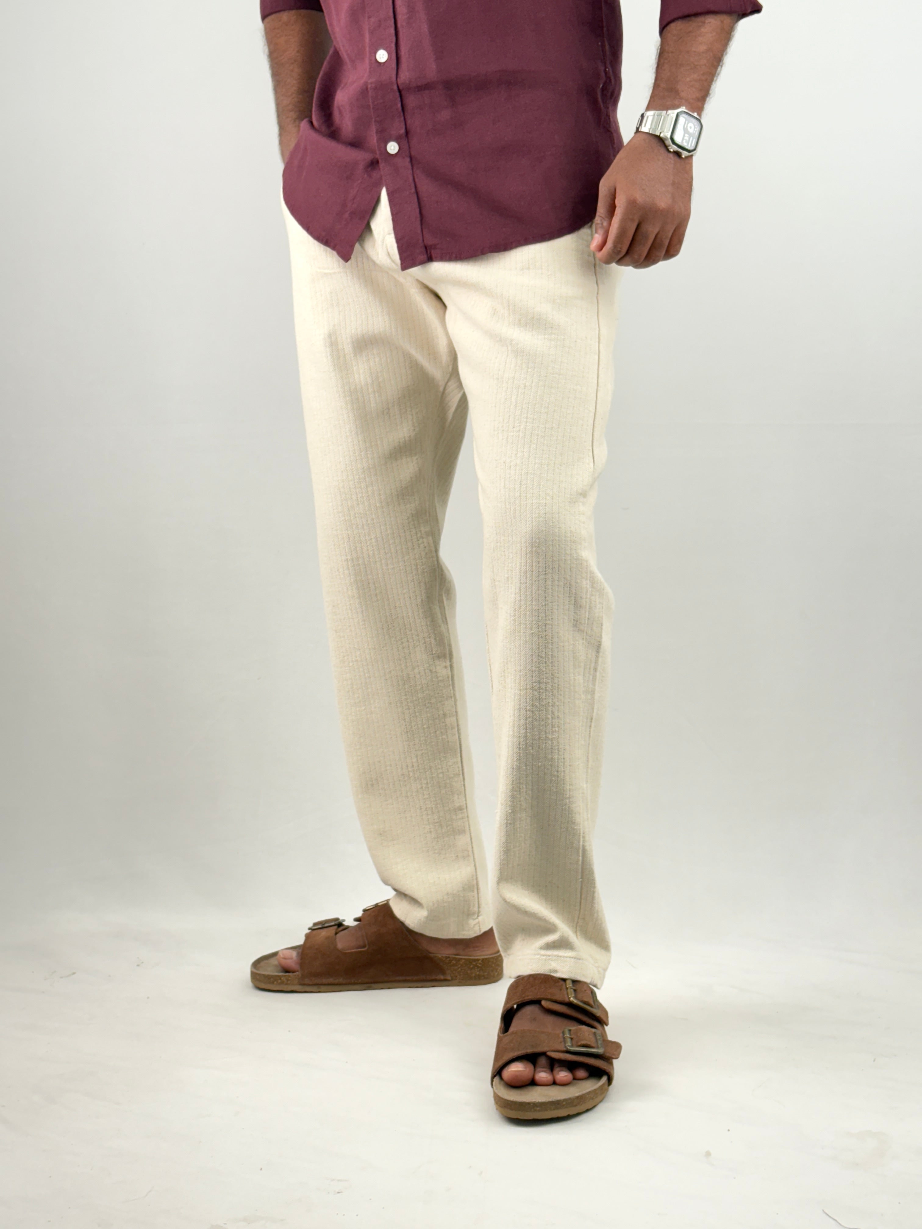 Beige Textured Linen Trouser