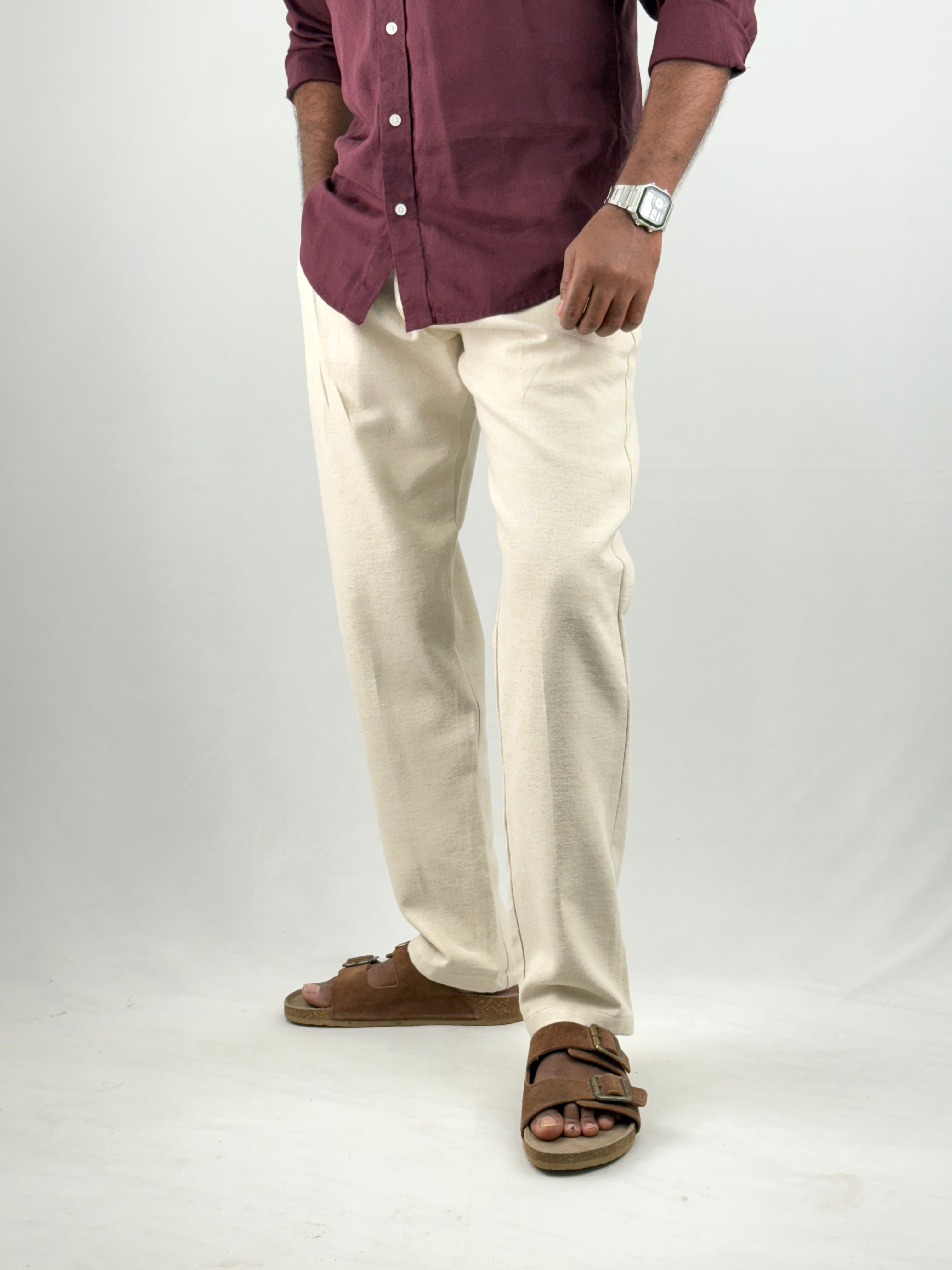 Beige Pleated Linen Trouser