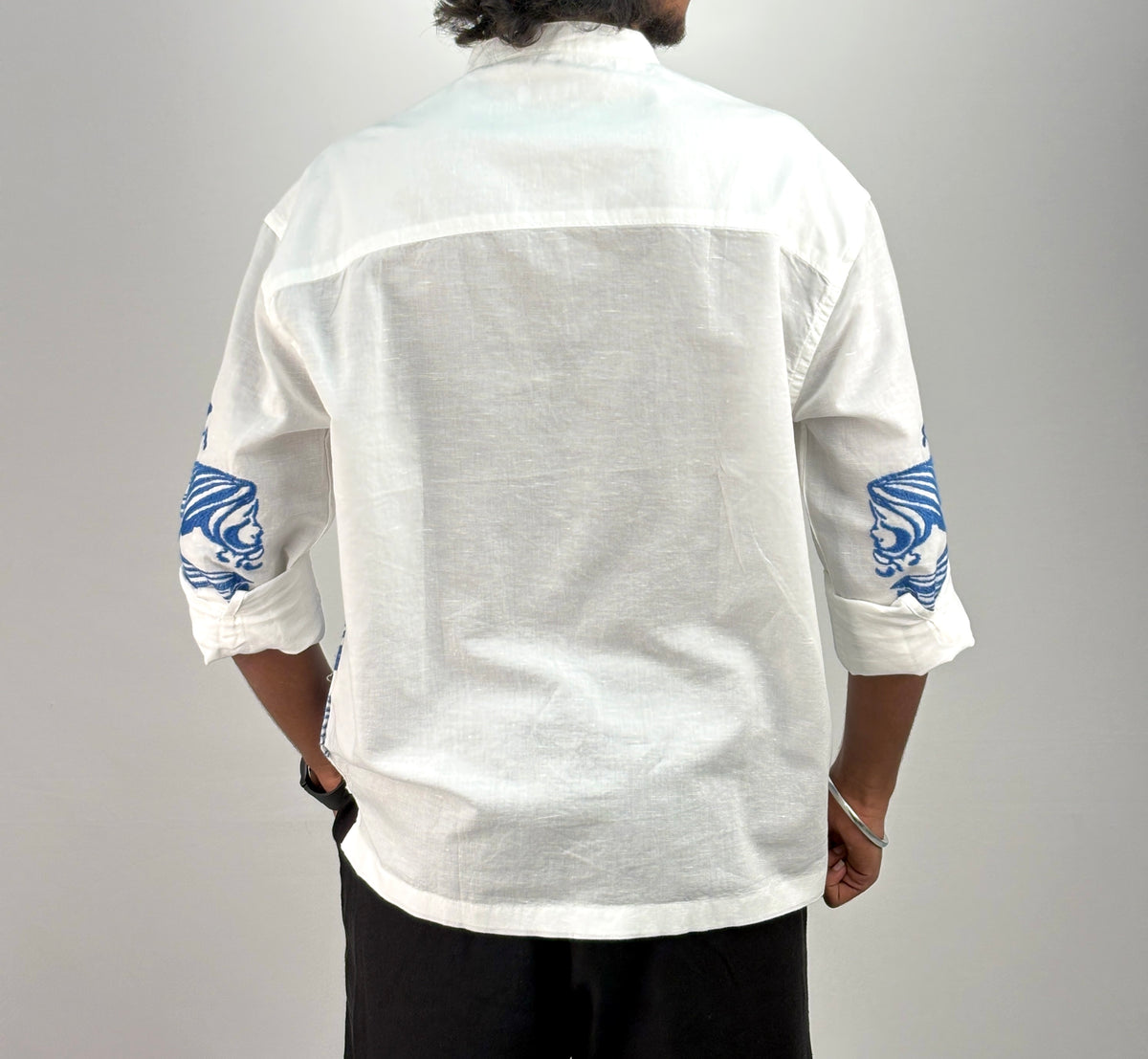 White Embroidery Mandarin Linen Shirt