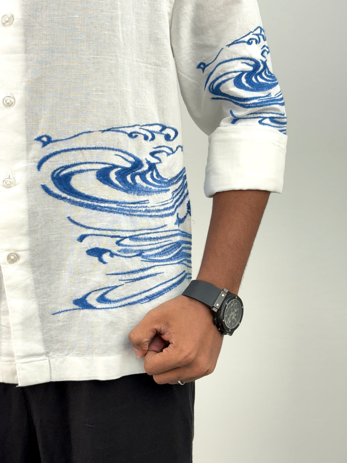 Cream Embroidery Mandarin Linen Shirt