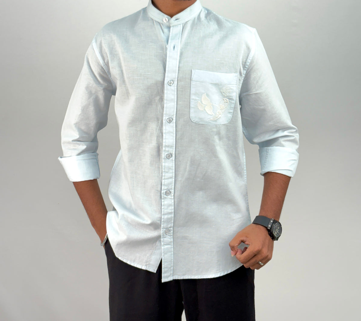 Ice Blue Embroidery Mandarin Linen Shirt