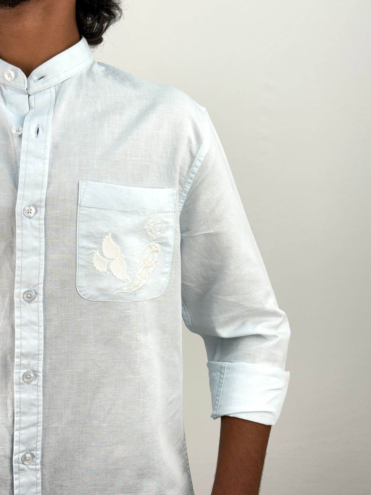 Ice Blue Embroidery Mandarin Linen Shirt