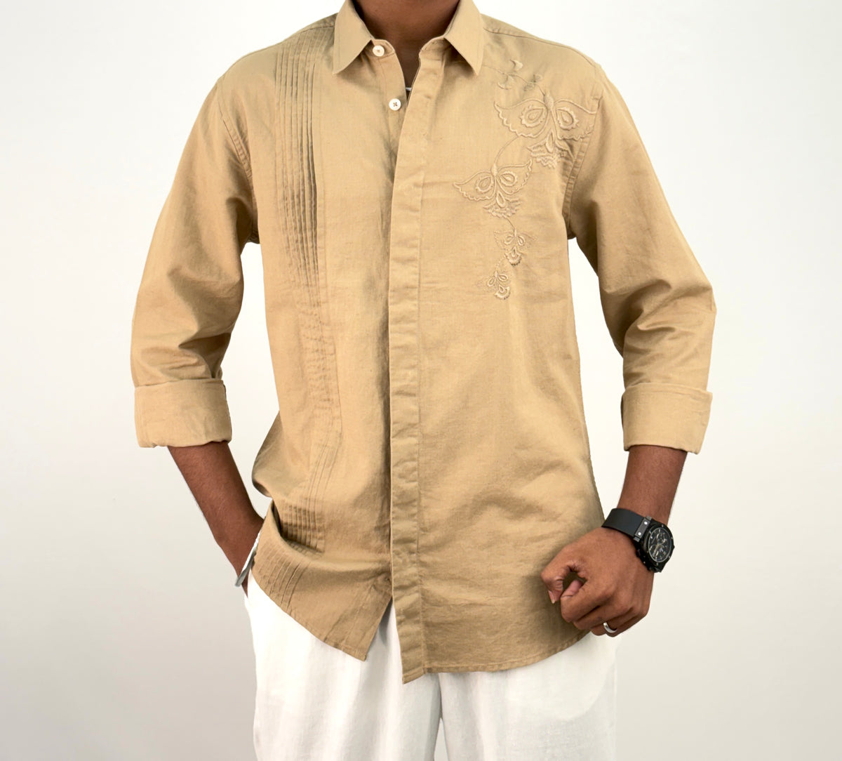 Khaki Embroidery Linen Shirt