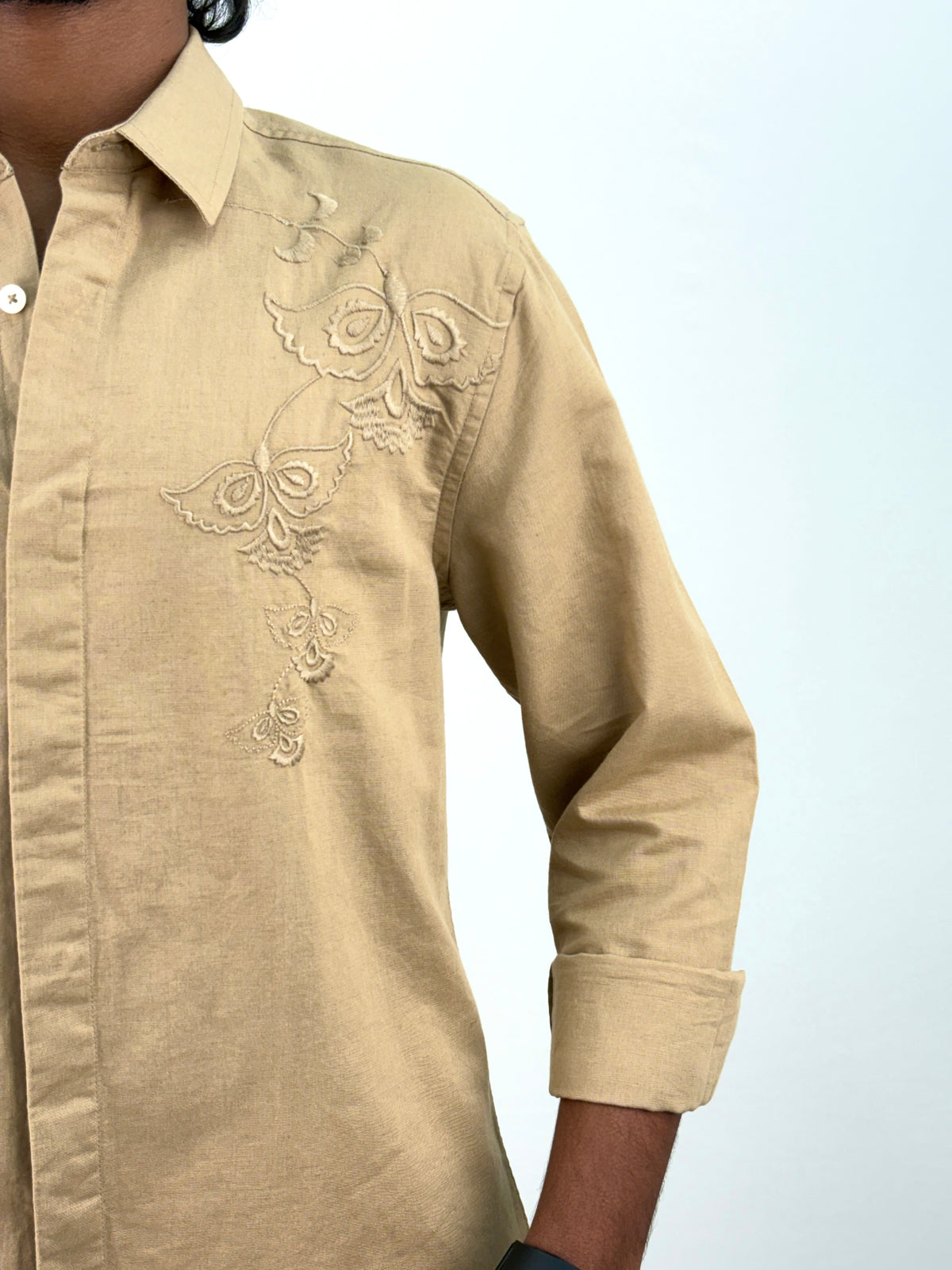 Khaki Embroidery Linen Shirt