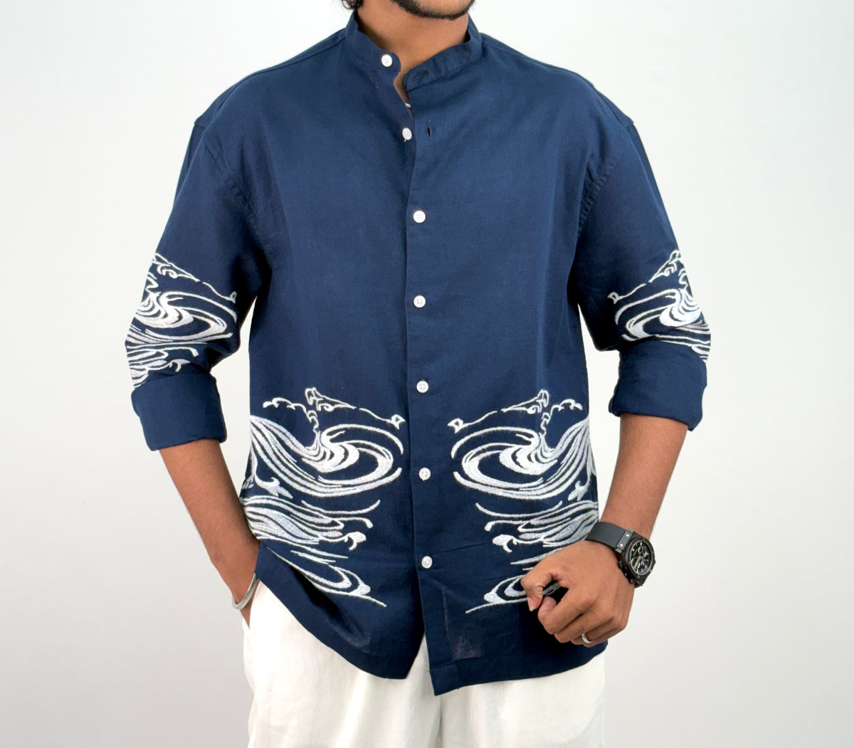 Navy Embroidery Mandarin Linen Shirt