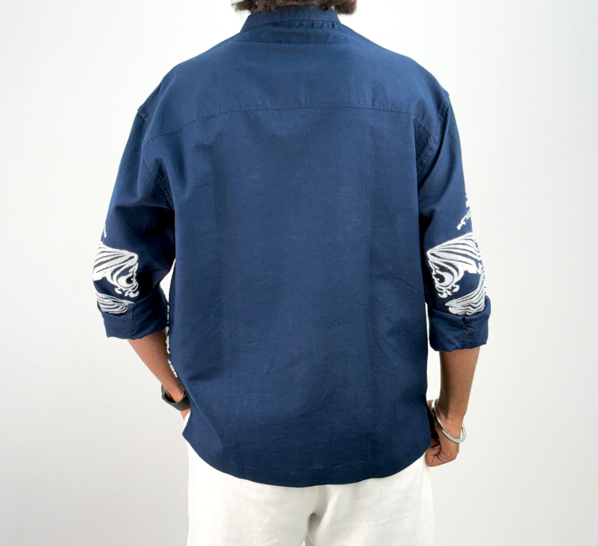 Navy Embroidery Mandarin Linen Shirt