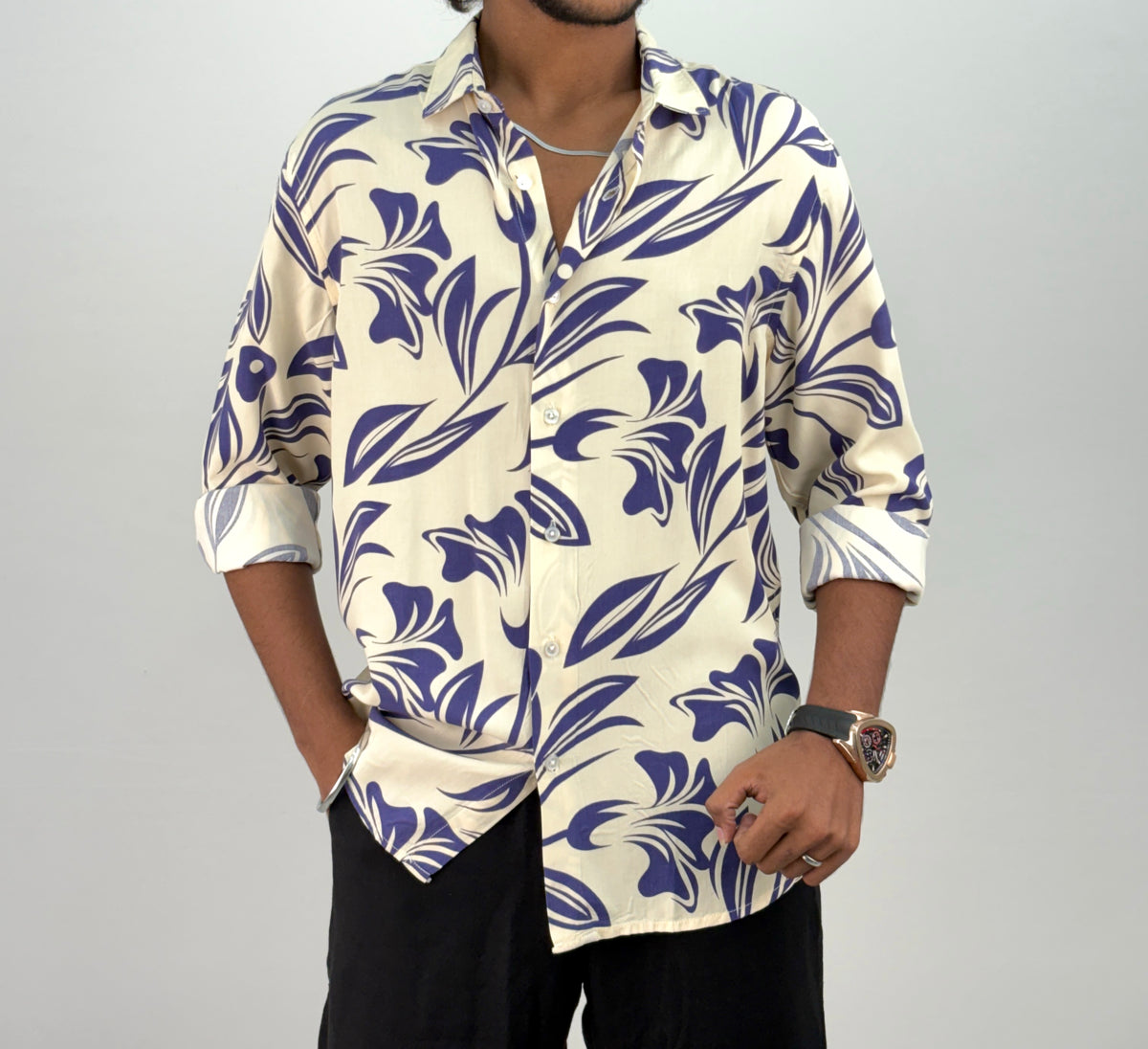 Beige Blue Viscose Printed Shirt 1