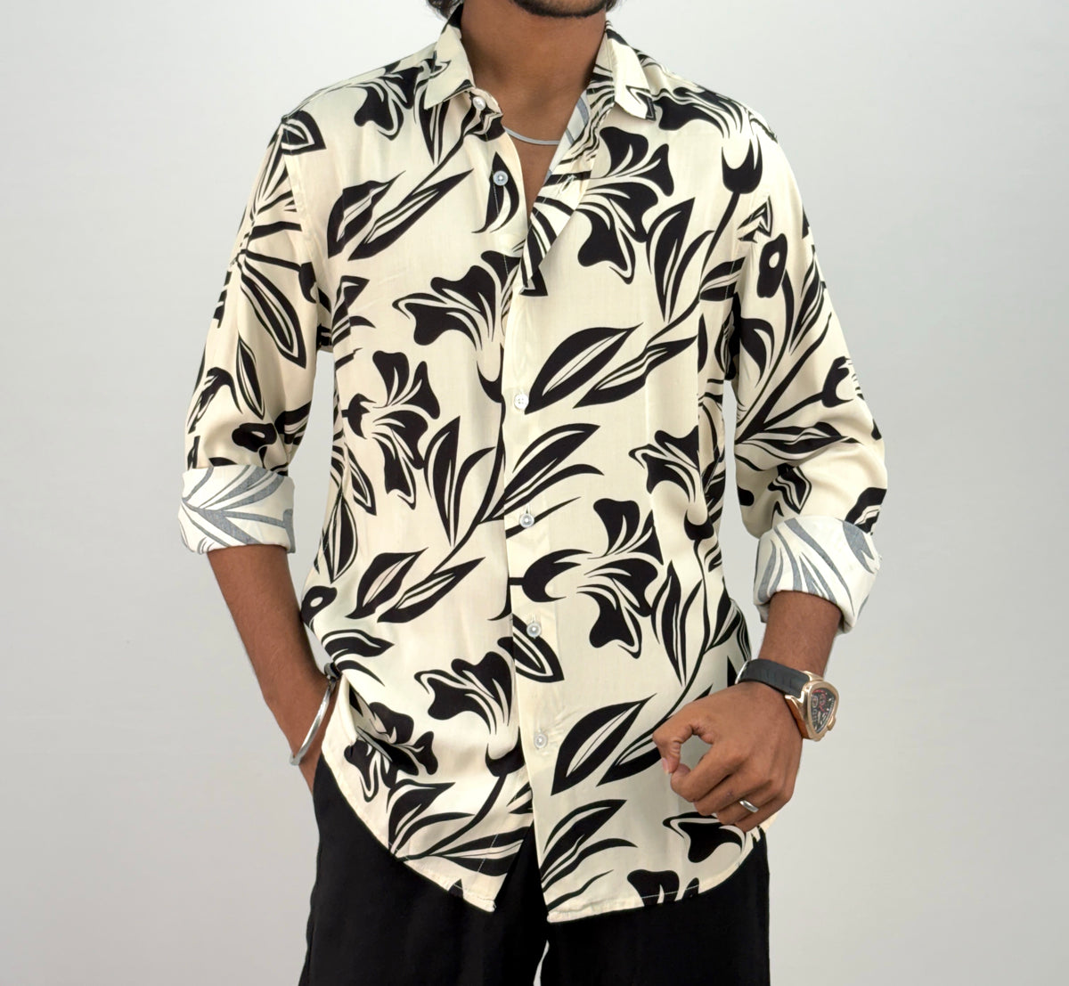 Beige Black Viscose Printed Shirt