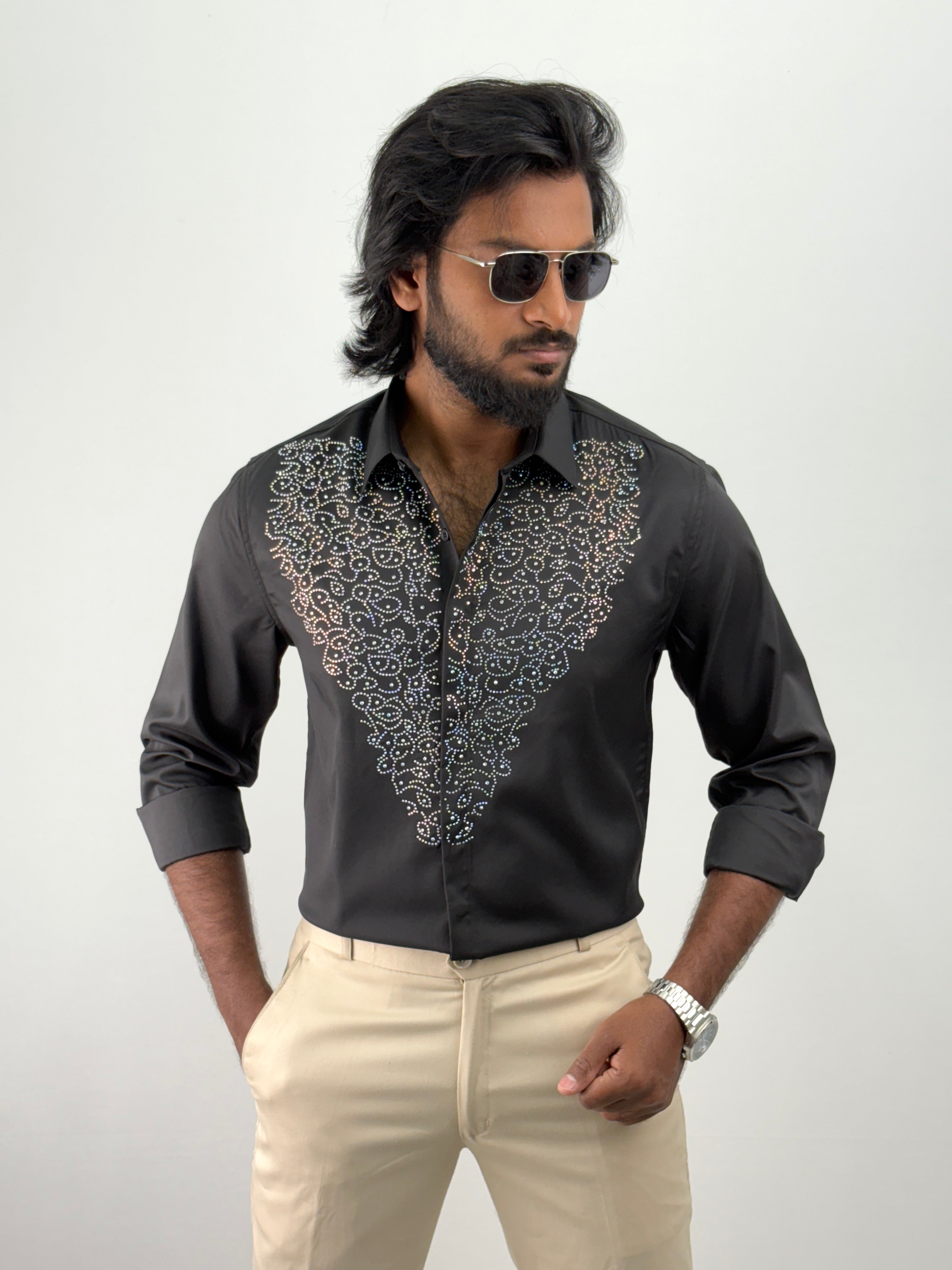 Black Designer Stone Work Shirt