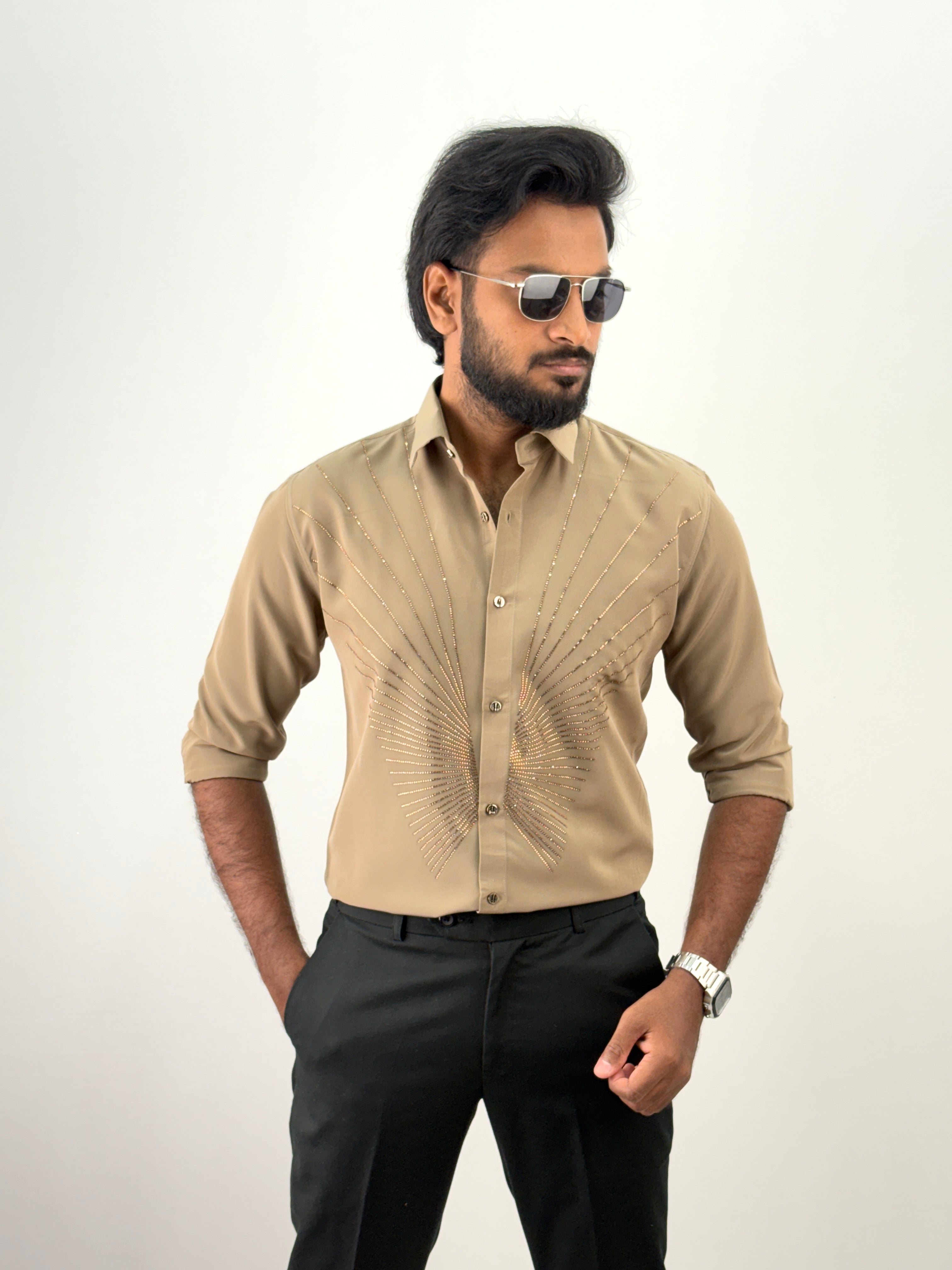 Beige Designer Stone Work Shirt 14