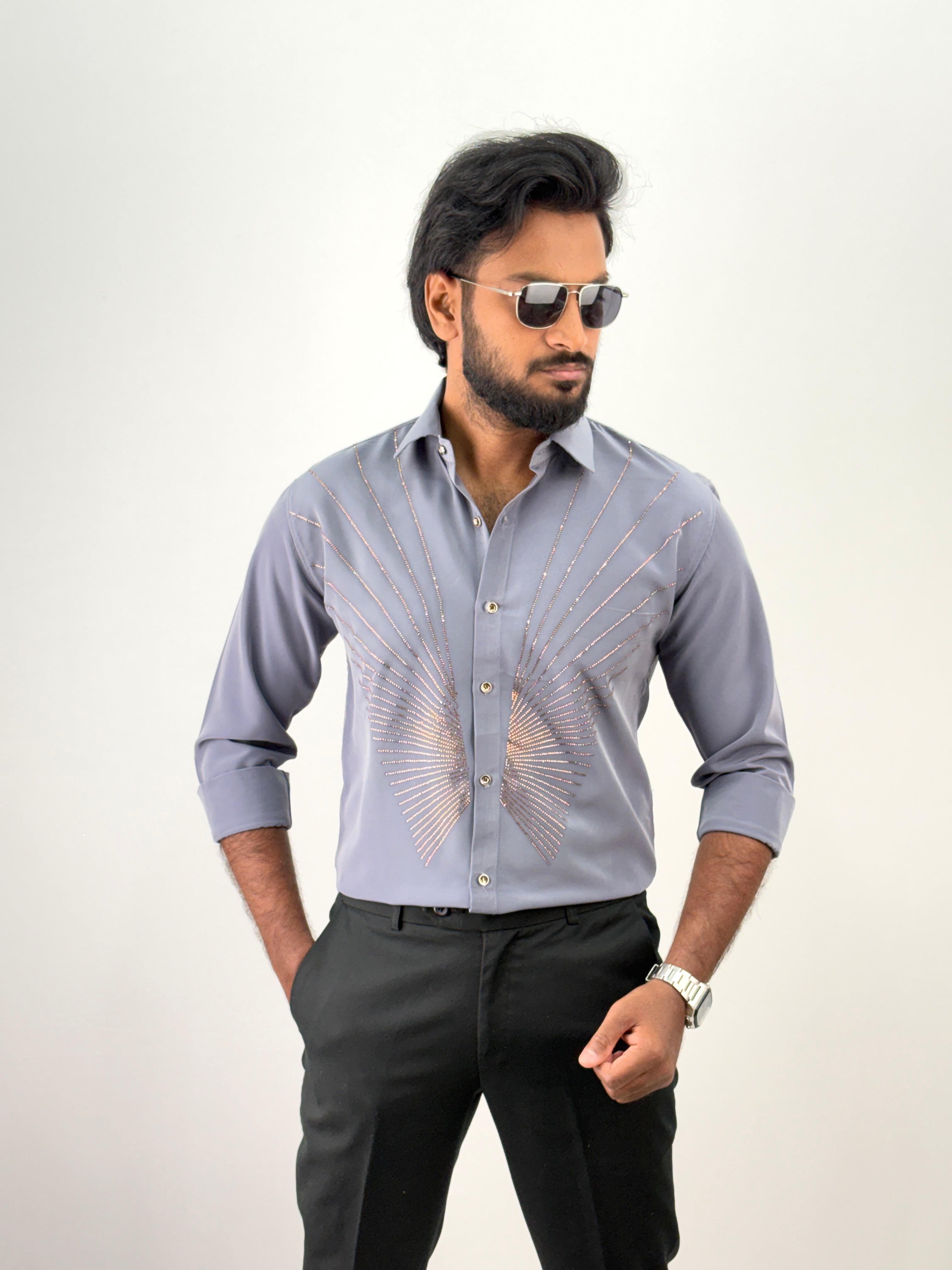 Grey Designer Stone Work Shirt 14