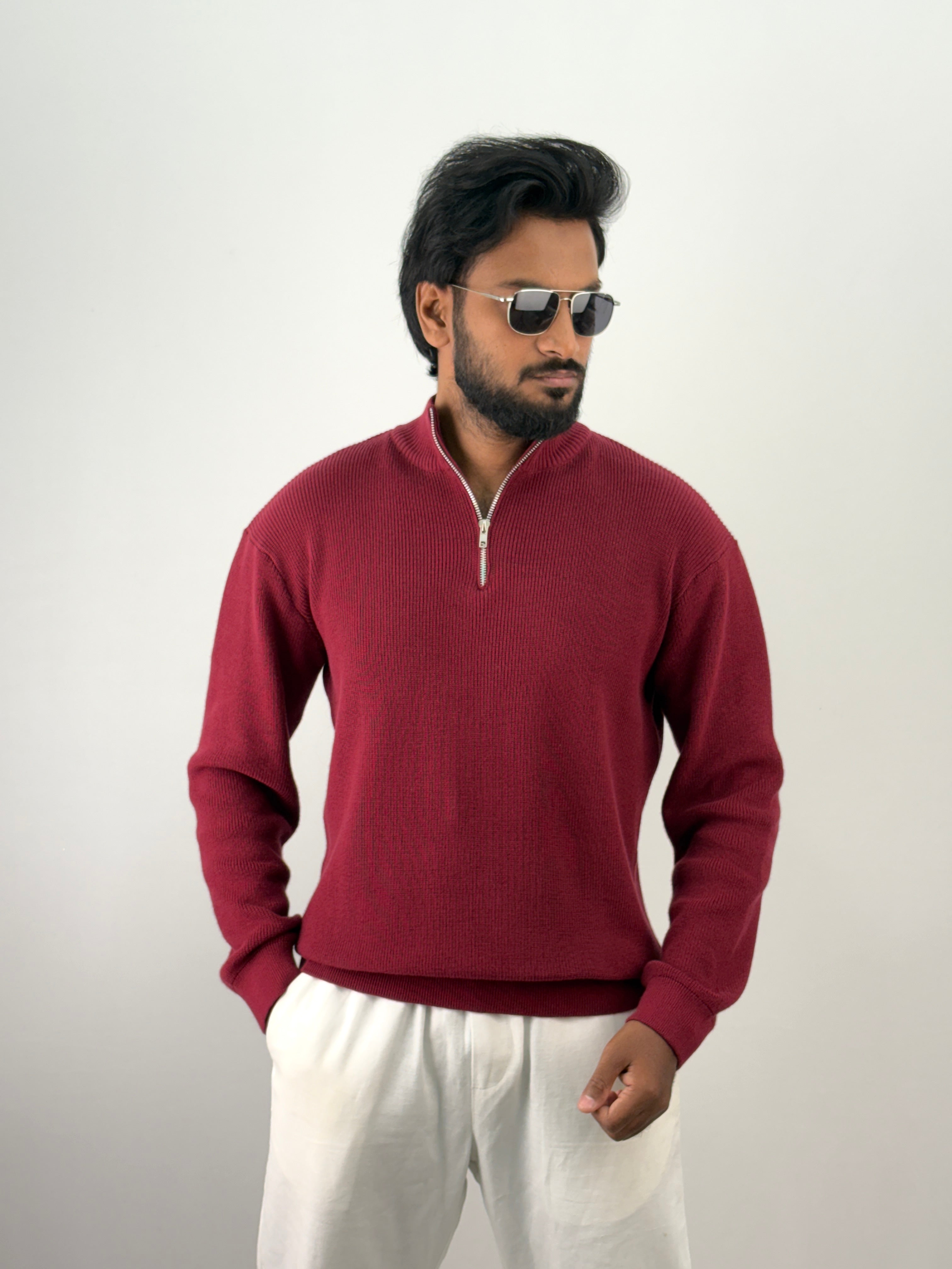 Maroon Full Sleeve Zipper T-Shirt