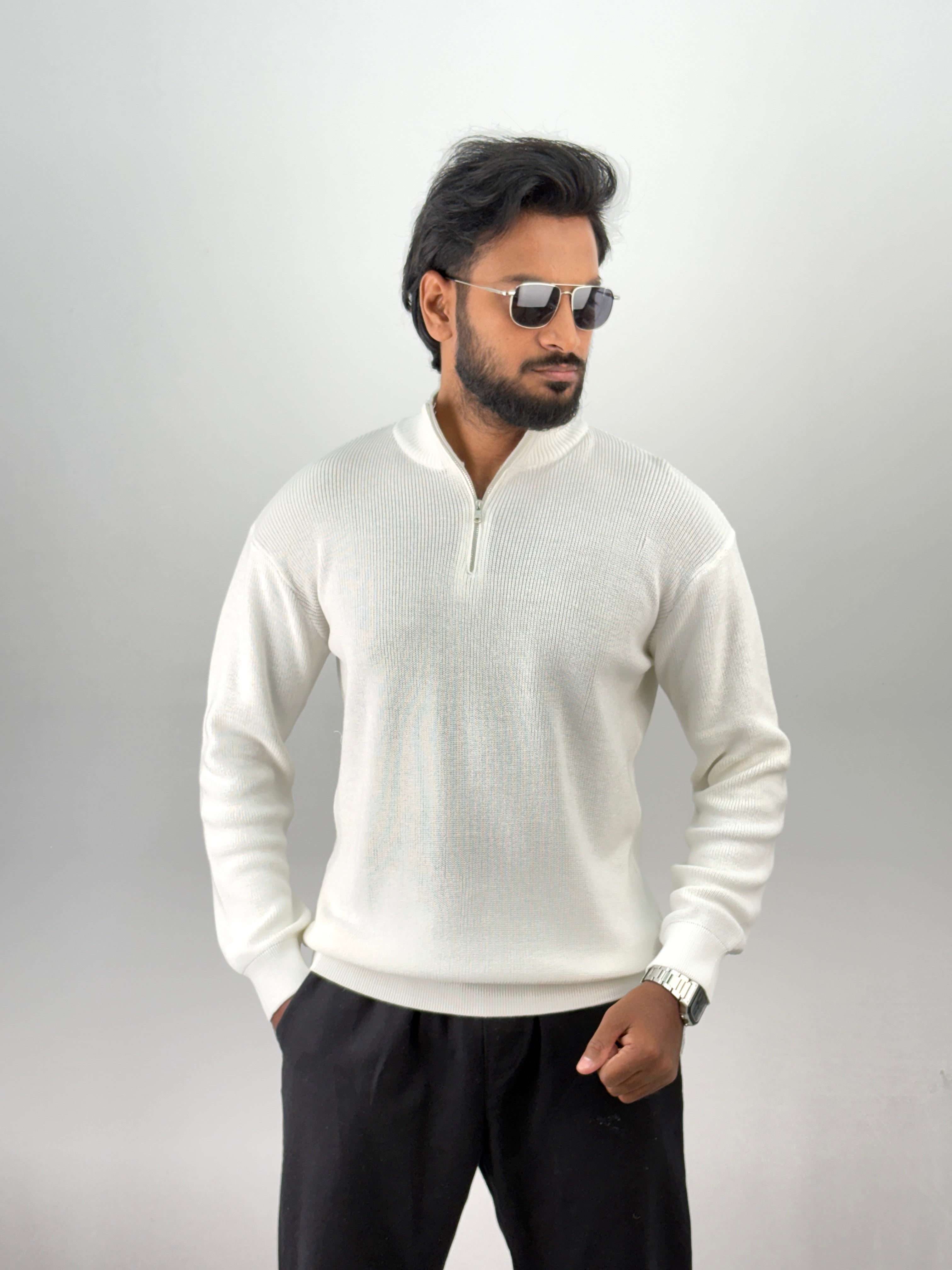 White Full Sleeve Zipper T-Shirt