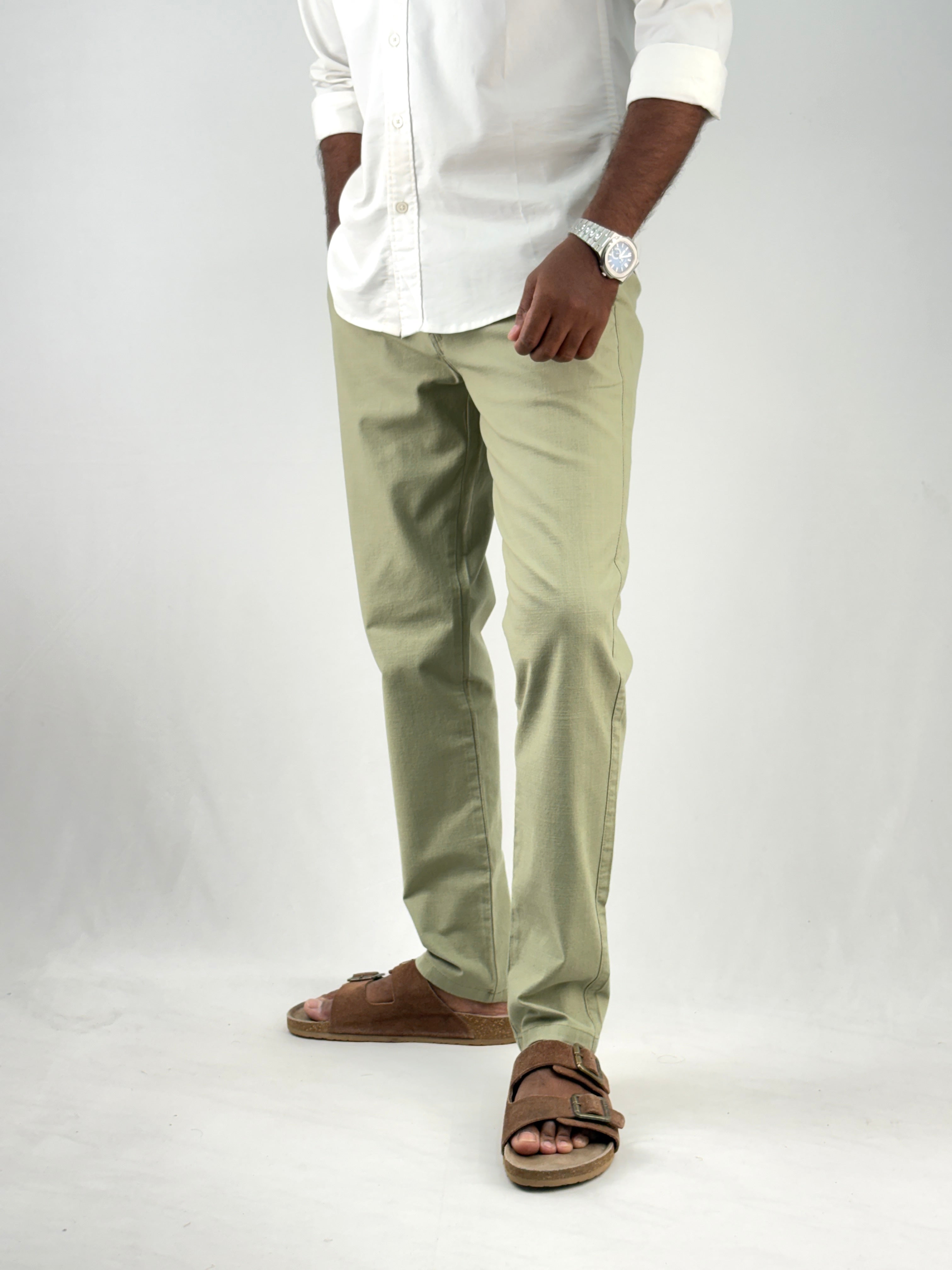 Green Slim Fit Linen Pant