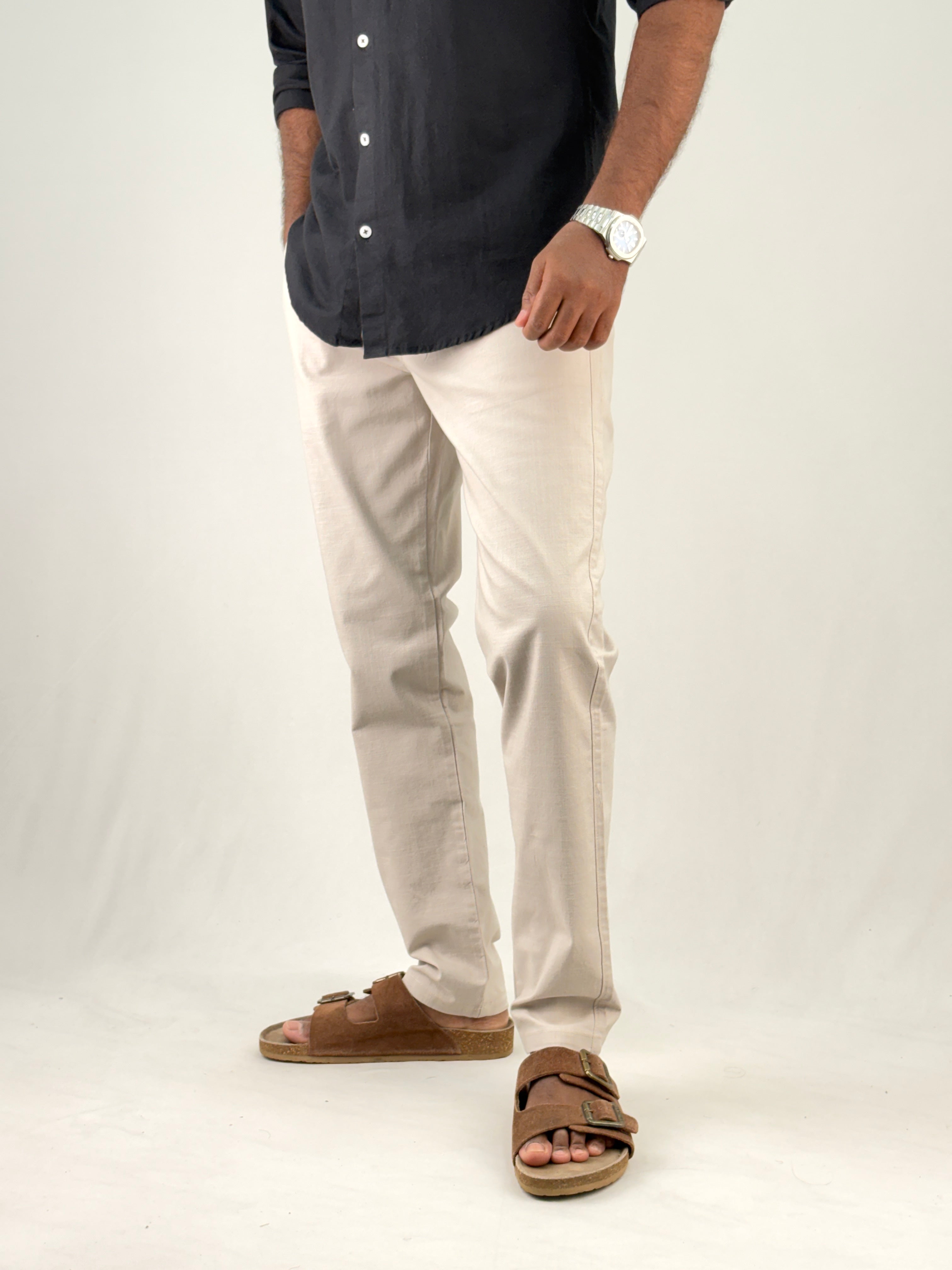 Beige Slim Fit Linen Pant