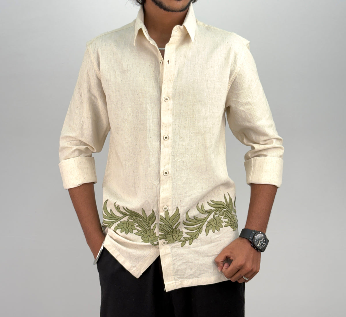 Beige Green 2 Bottom Embroidery Shirt