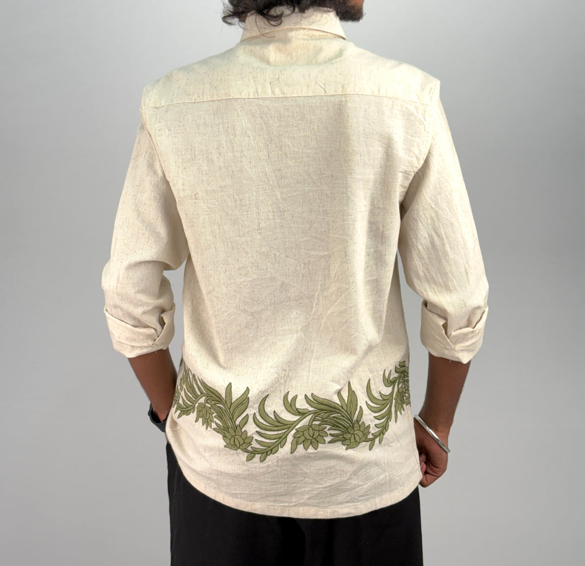 Beige Green 2 Bottom Embroidery Shirt