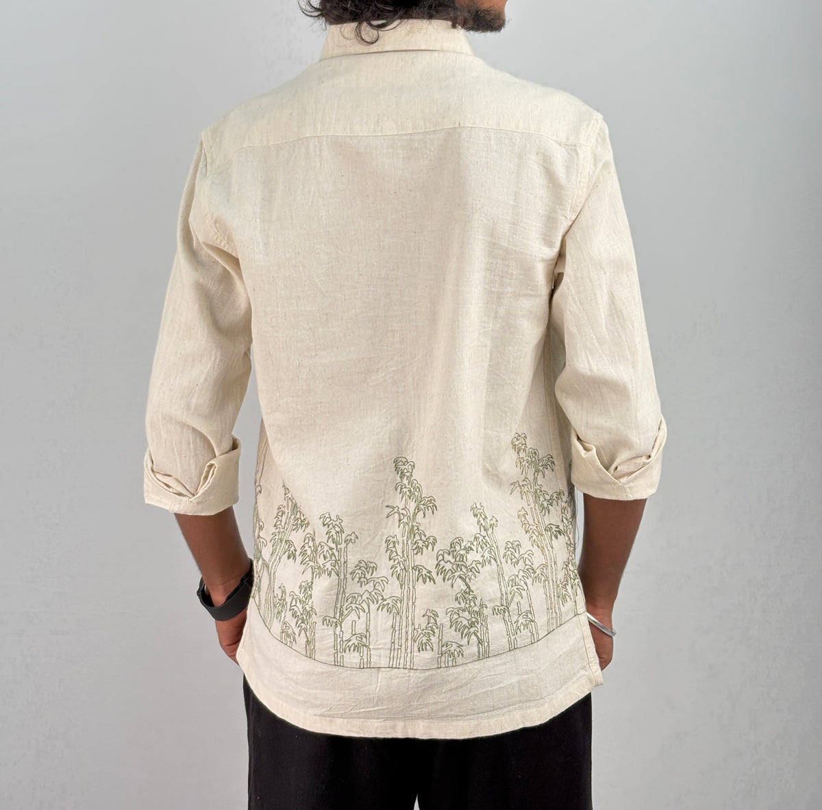 Beige Green 1 Bottom Embroidery Shirt