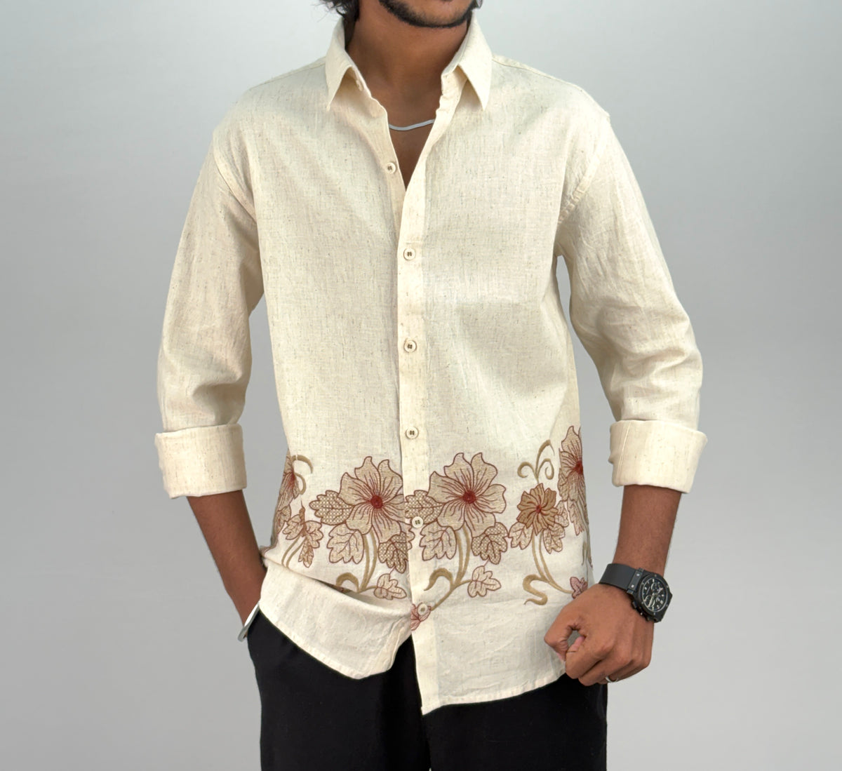 Beige Maroon 2 Bottom Embroidery Shirt