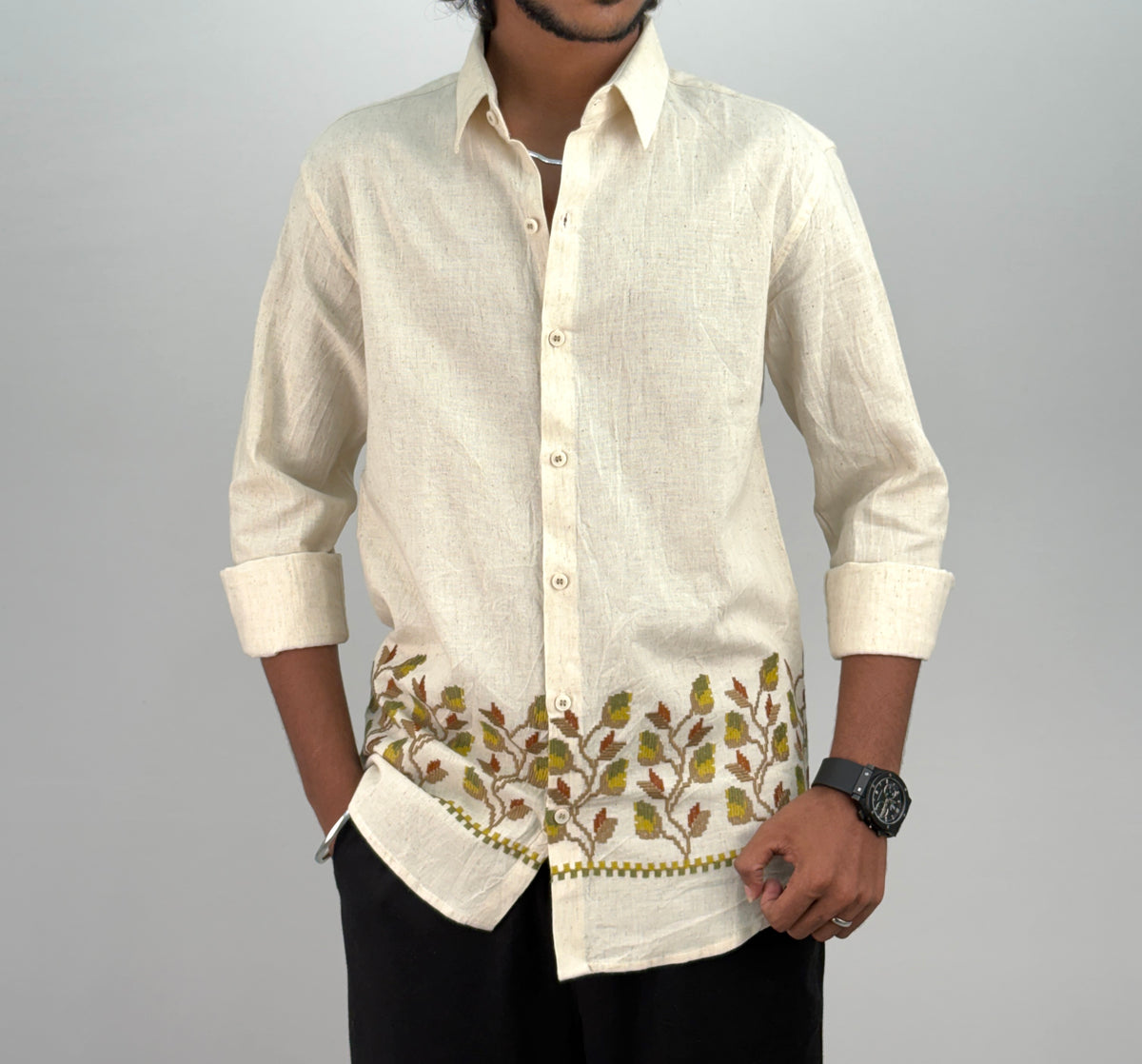 Beige Yellow Bottom Embroidery Shirt