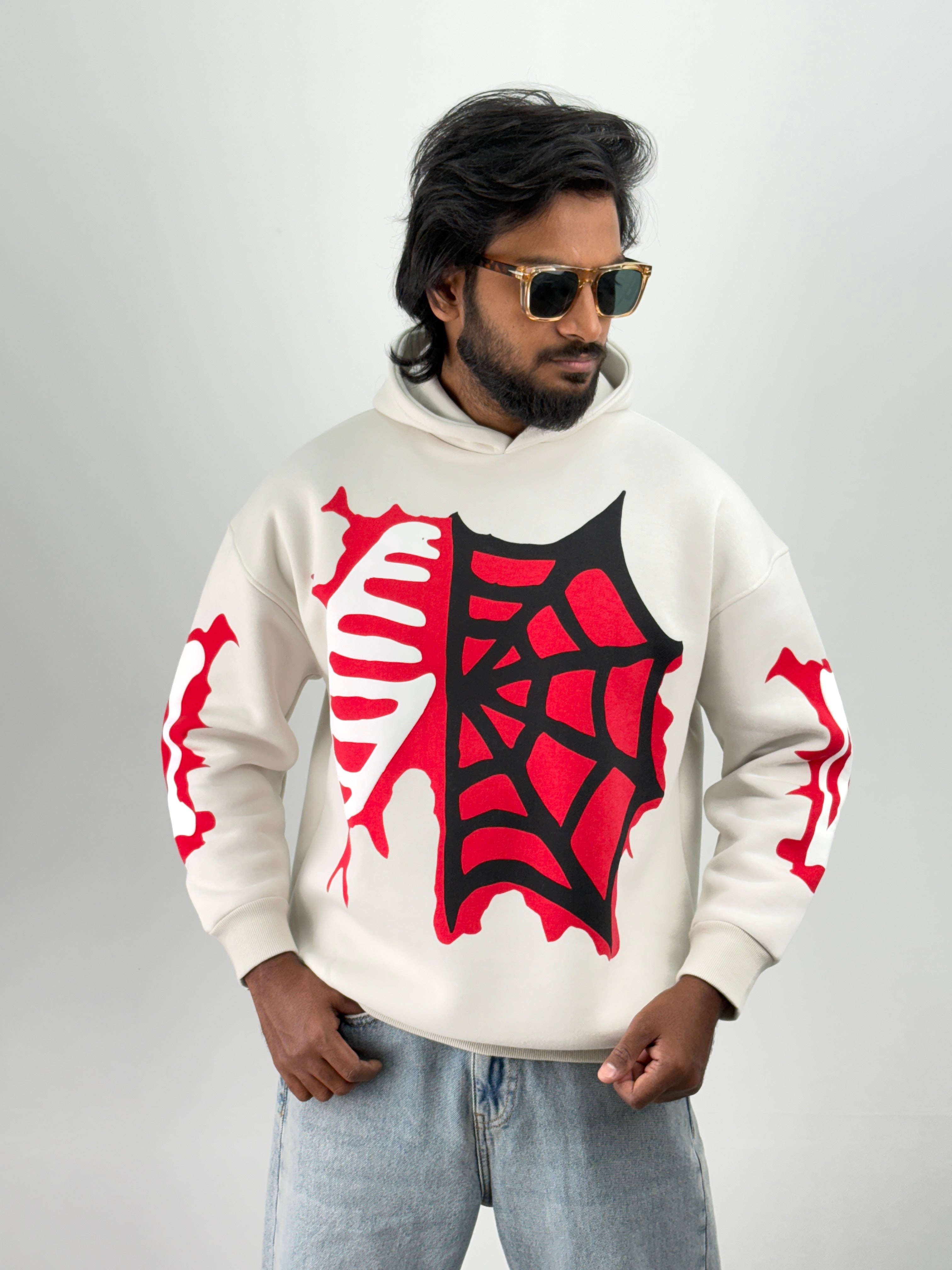 Beige Red Oversized Hoodie